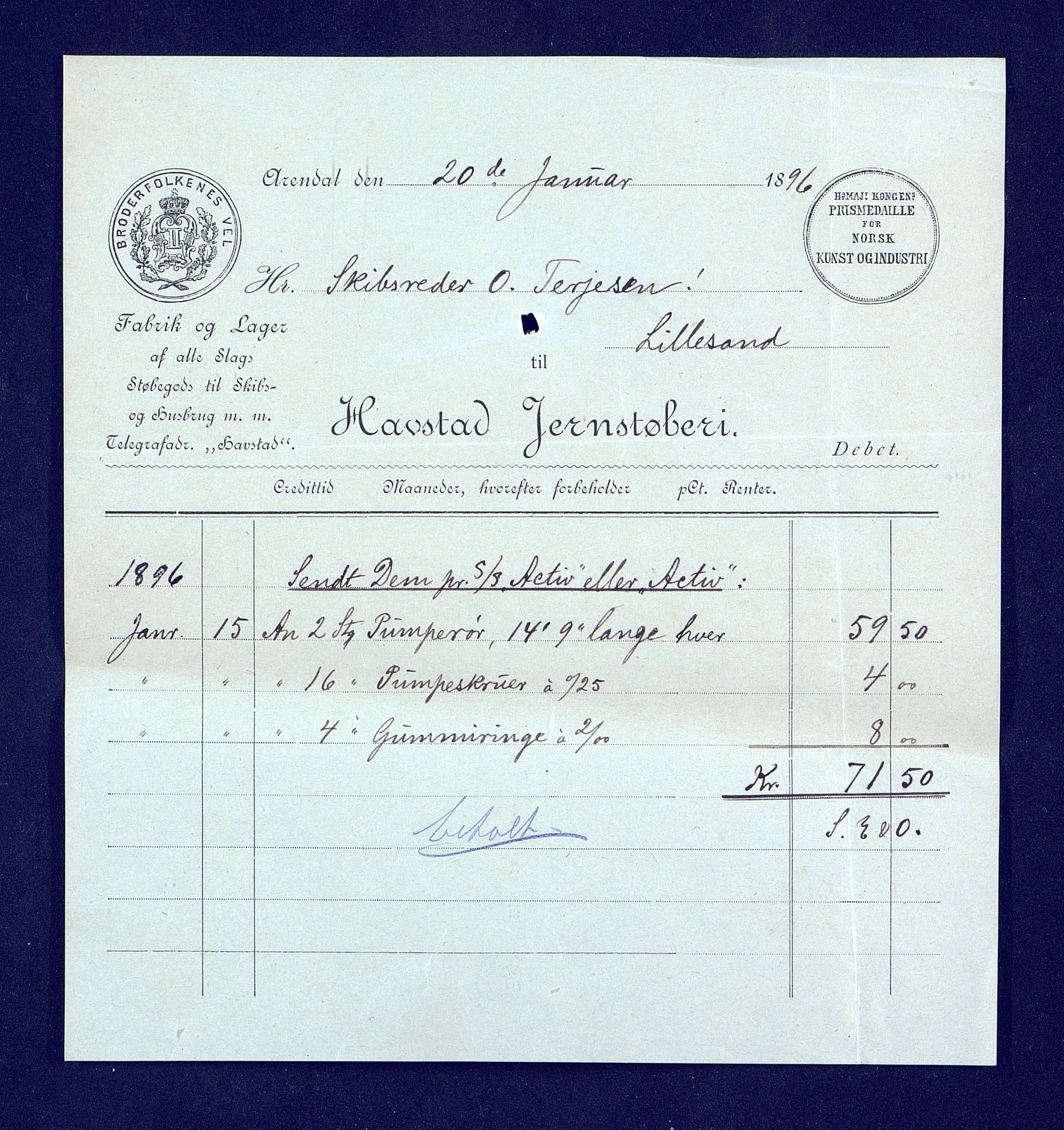 O. Terjesens rederi, AAKS/PA-2525/R/R02/L0001: Regnskapsbilag, 1884-1898