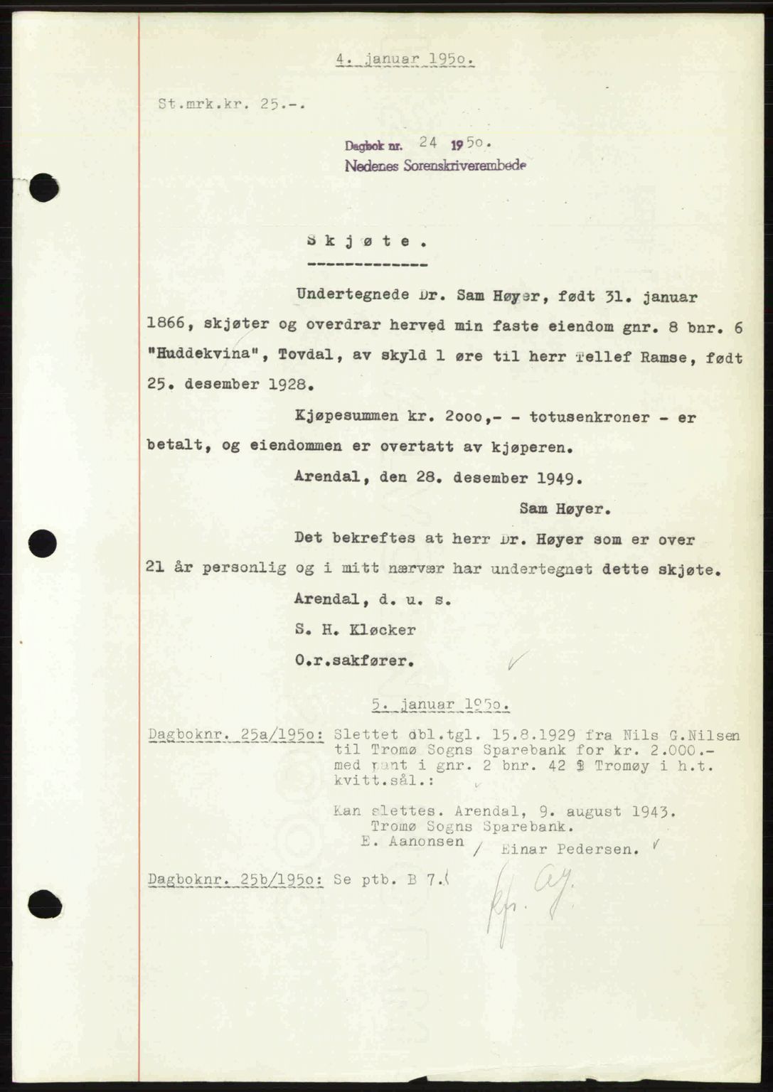 Nedenes sorenskriveri, AV/SAK-1221-0006/G/Gb/Gba/L0062: Pantebok nr. A14, 1949-1950, Dagboknr: 24/1950
