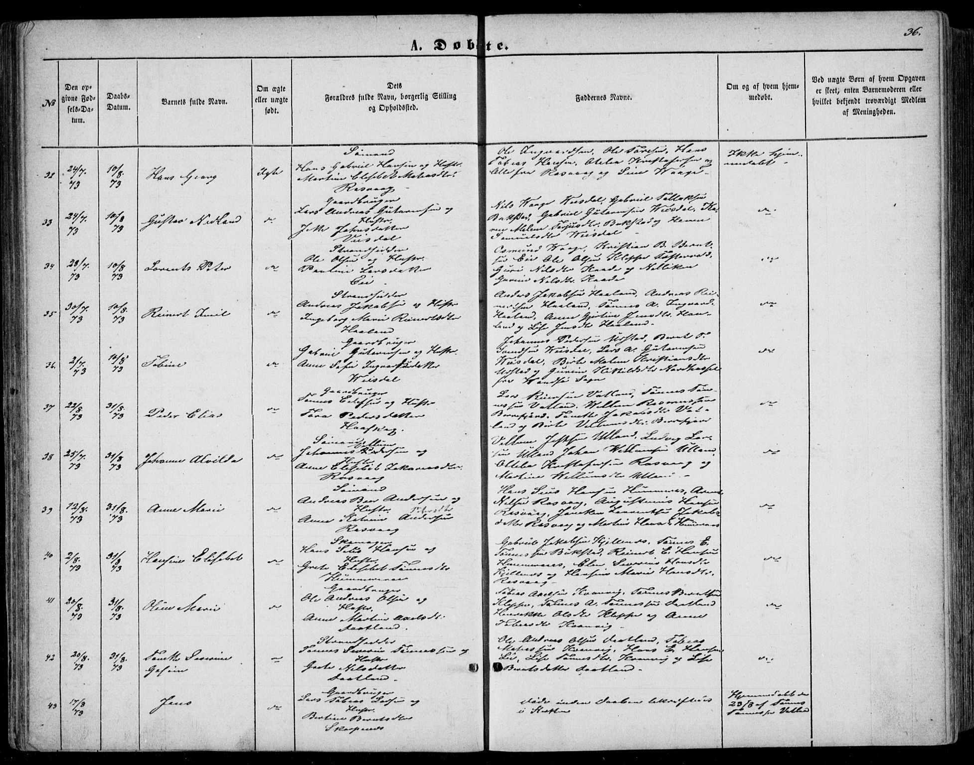 Flekkefjord sokneprestkontor, AV/SAK-1111-0012/F/Fb/Fbb/L0003: Klokkerbok nr. B 3, 1867-1889, s. 36