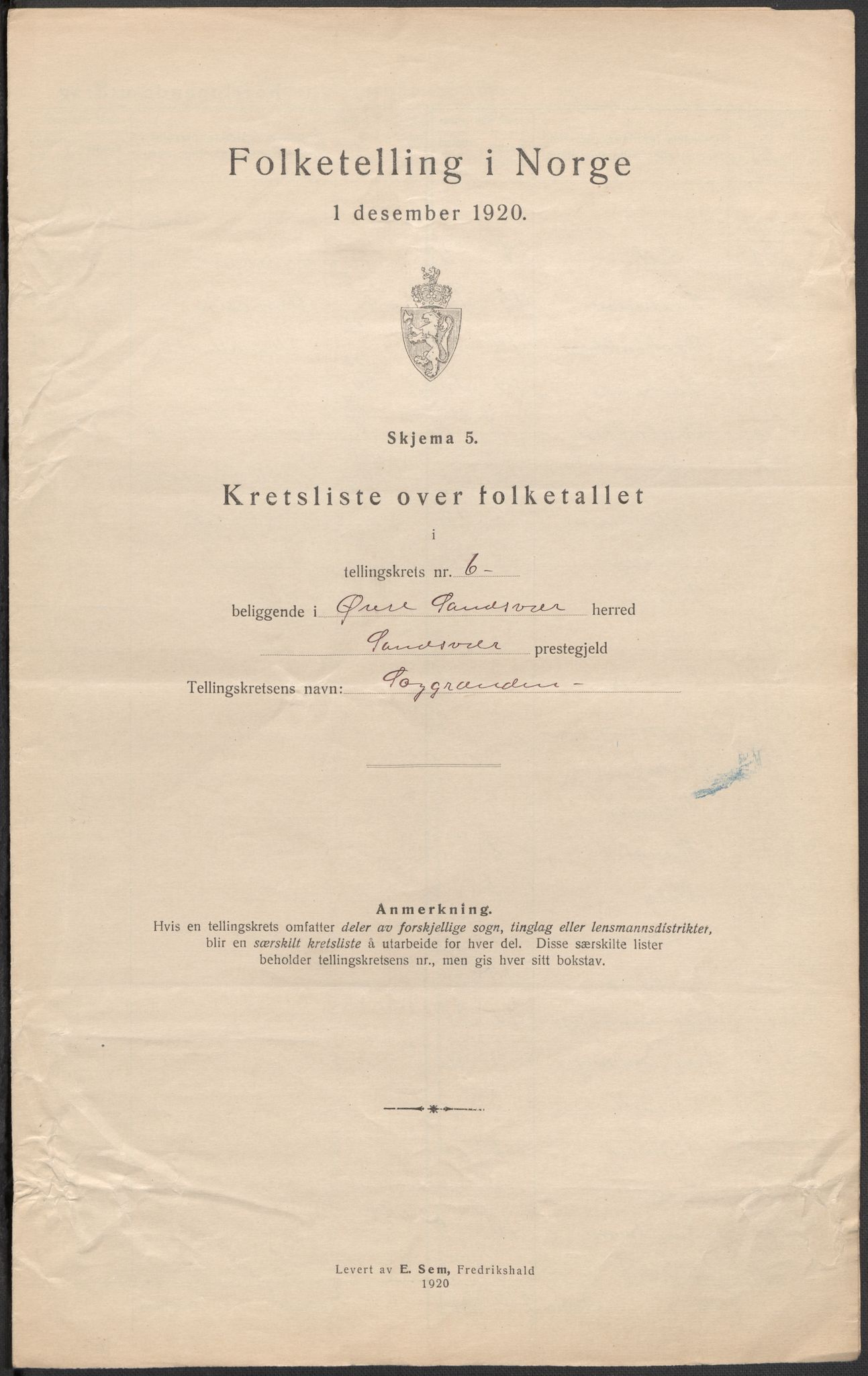 SAKO, Folketelling 1920 for 0630 Øvre Sandsvær herred, 1920, s. 19