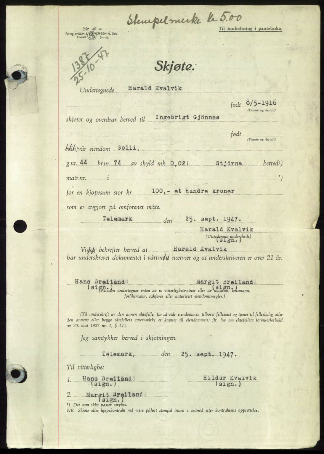 Fosen sorenskriveri, AV/SAT-A-1107/1/2/2C: Pantebok nr. A7-9, 1947-1949, Dagboknr: 1387/1947