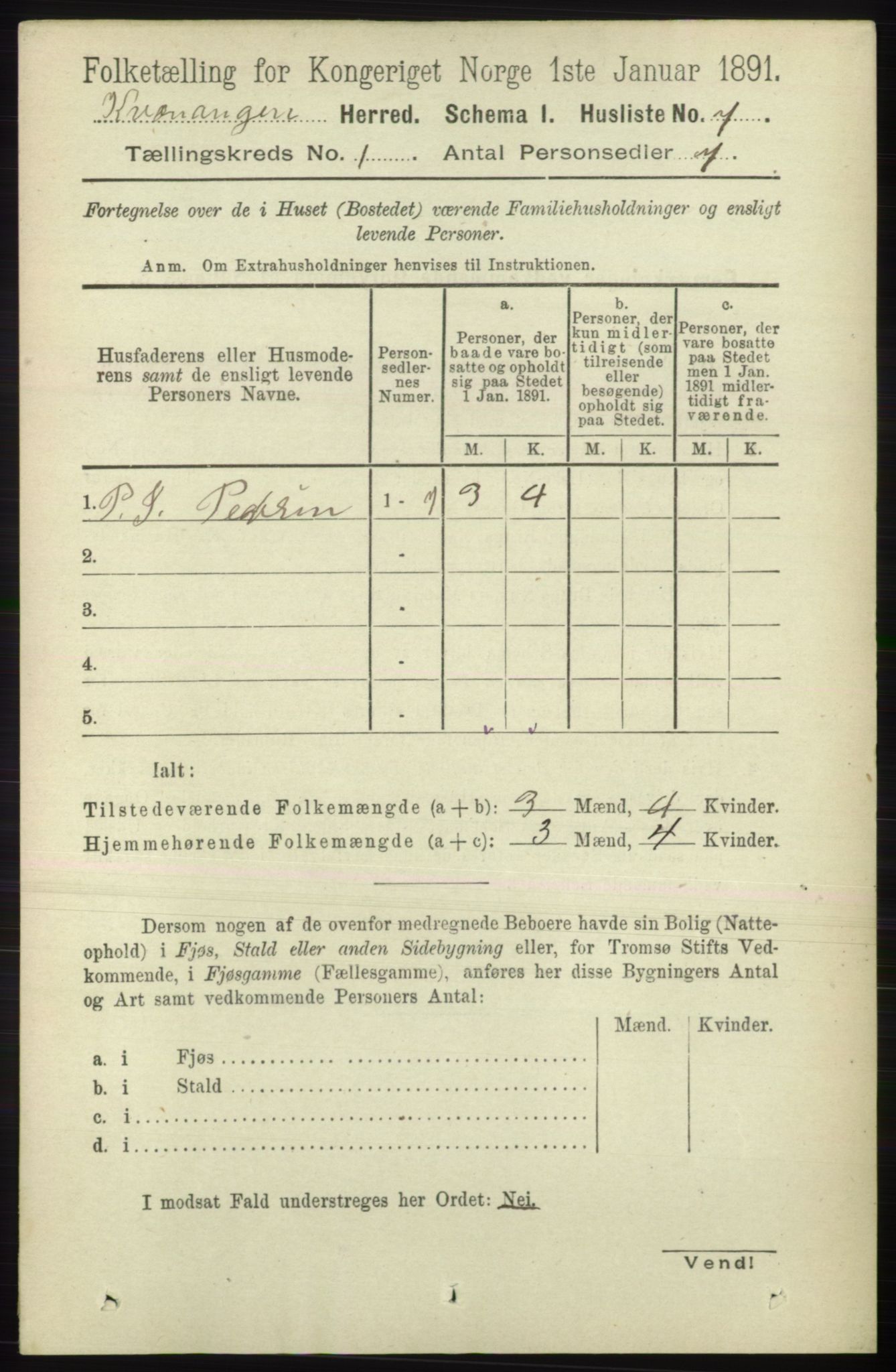 RA, Folketelling 1891 for 1943 Kvænangen herred, 1891, s. 20