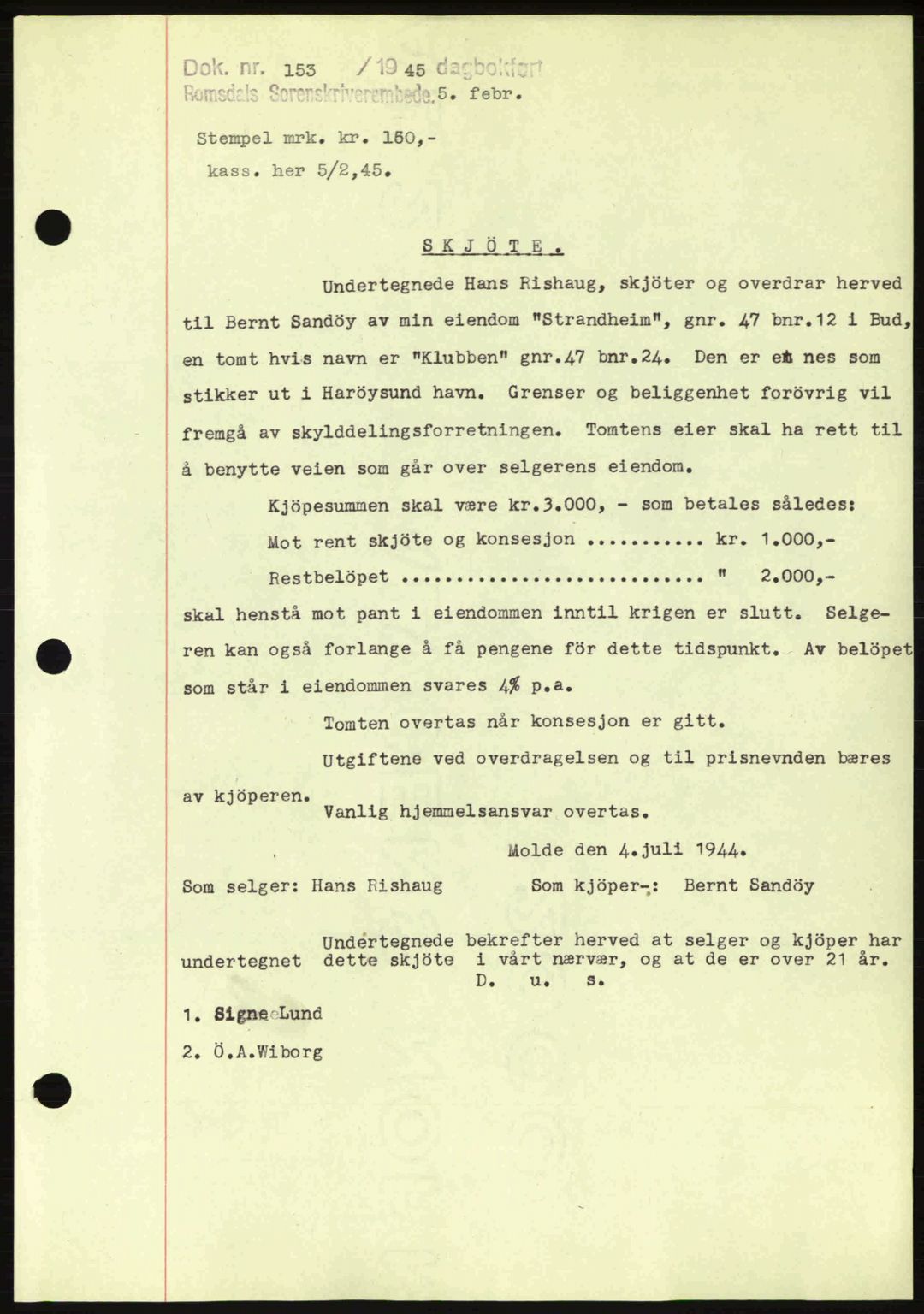 Romsdal sorenskriveri, SAT/A-4149/1/2/2C: Pantebok nr. A17, 1944-1945, Dagboknr: 153/1945