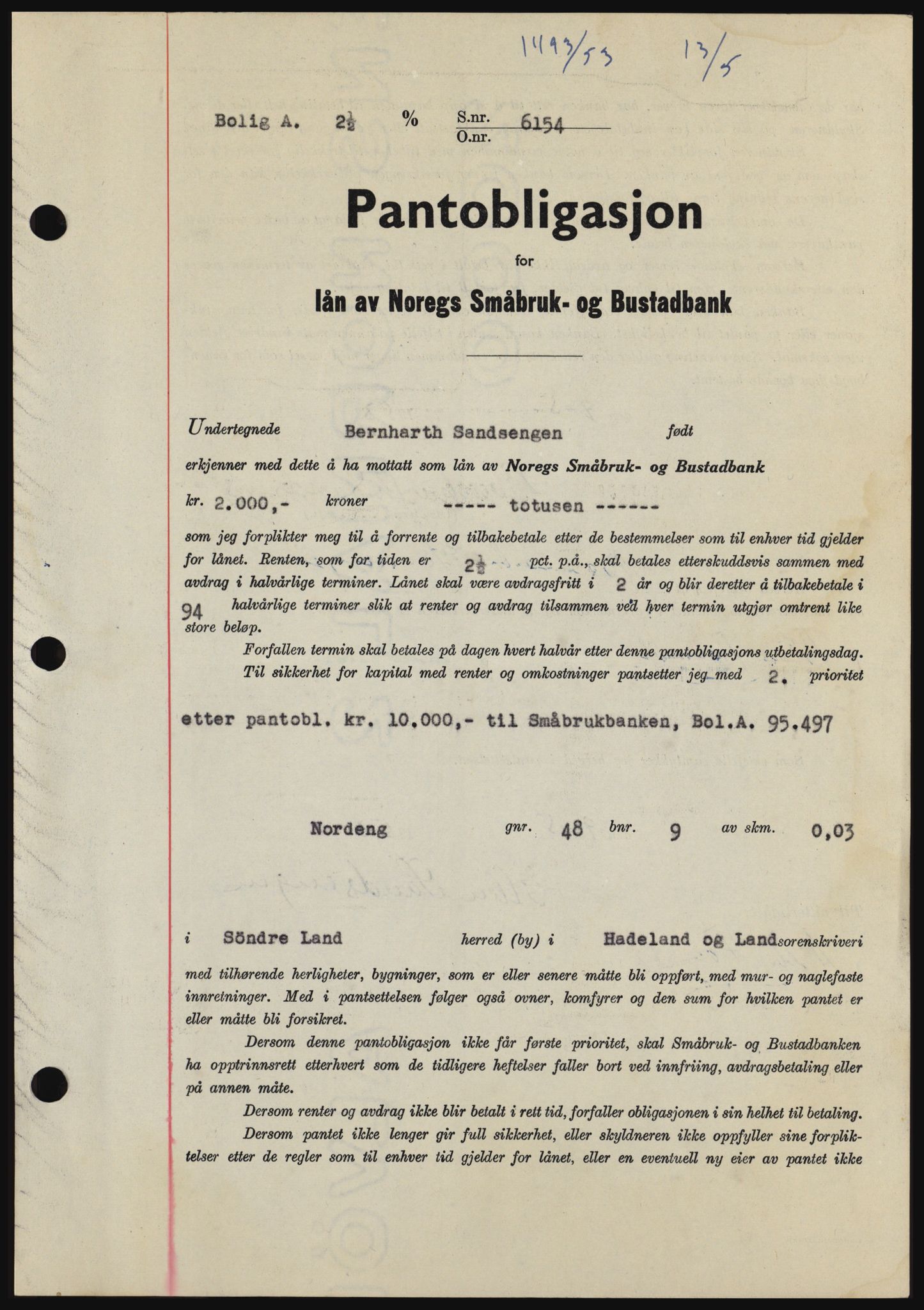 Hadeland og Land tingrett, SAH/TING-010/H/Hb/Hbc/L0026: Pantebok nr. B26, 1953-1953, Dagboknr: 1493/1953