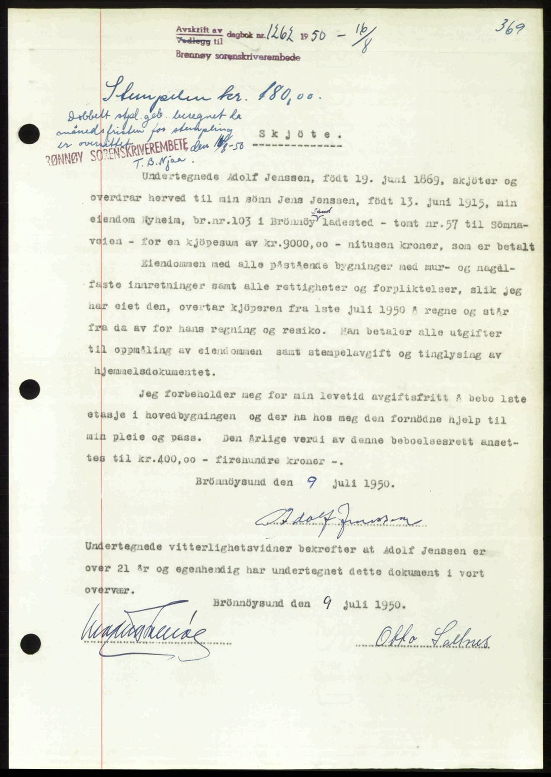 Brønnøy sorenskriveri, SAT/A-4170/1/2/2C: Pantebok nr. 36, 1950-1950, Dagboknr: 1262/1950