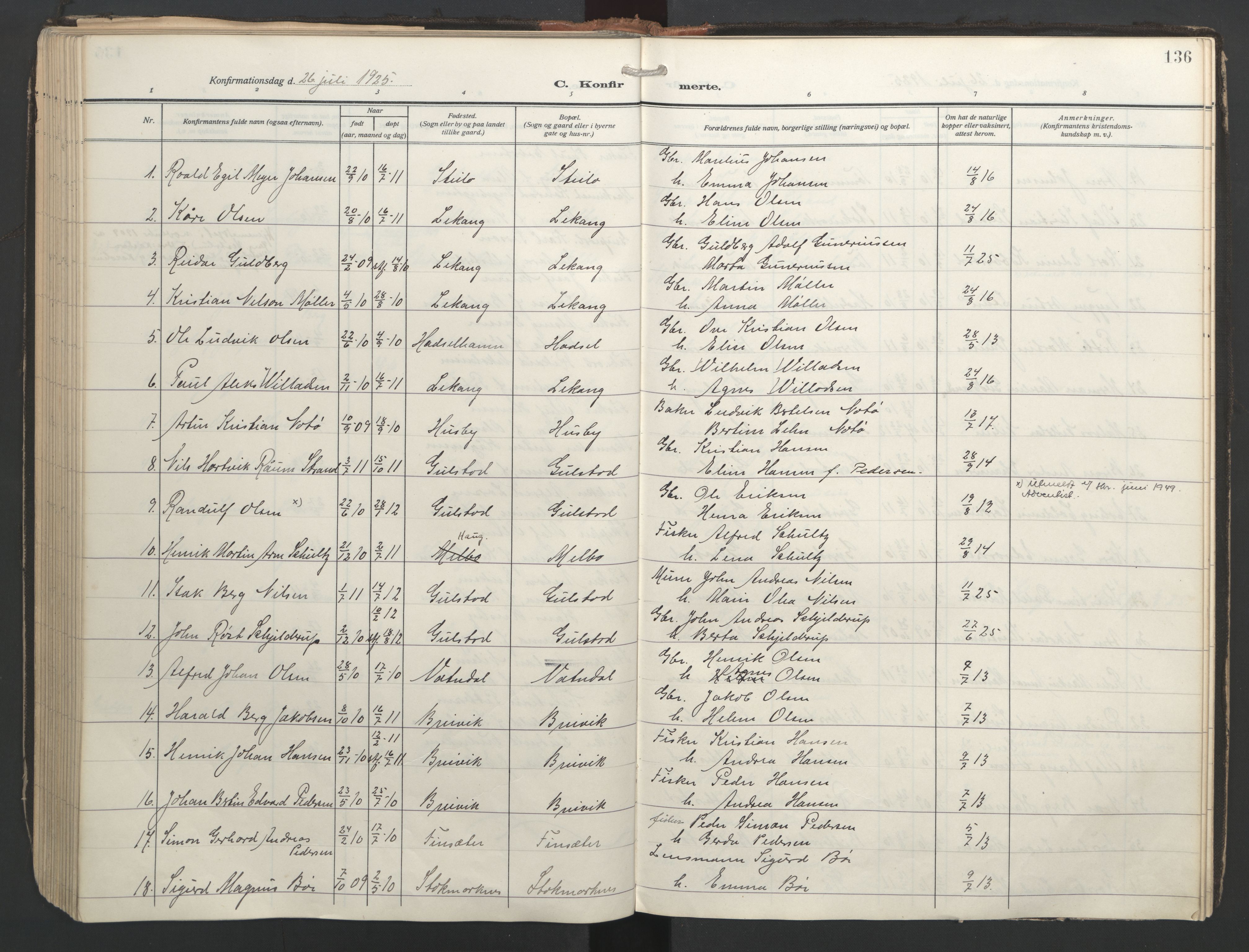 Ministerialprotokoller, klokkerbøker og fødselsregistre - Nordland, AV/SAT-A-1459/888/L1249: Ministerialbok nr. 888A15, 1911-1929, s. 136