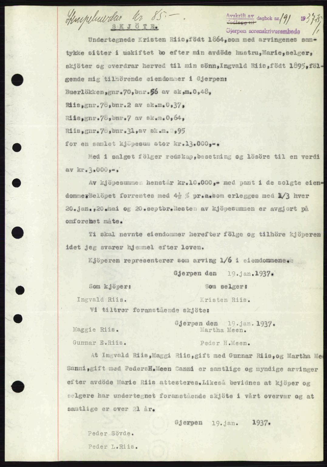 Gjerpen sorenskriveri, SAKO/A-216/G/Ga/Gae/L0067: Pantebok nr. A-66 - A-68, 1936-1937, Dagboknr: 191/1937