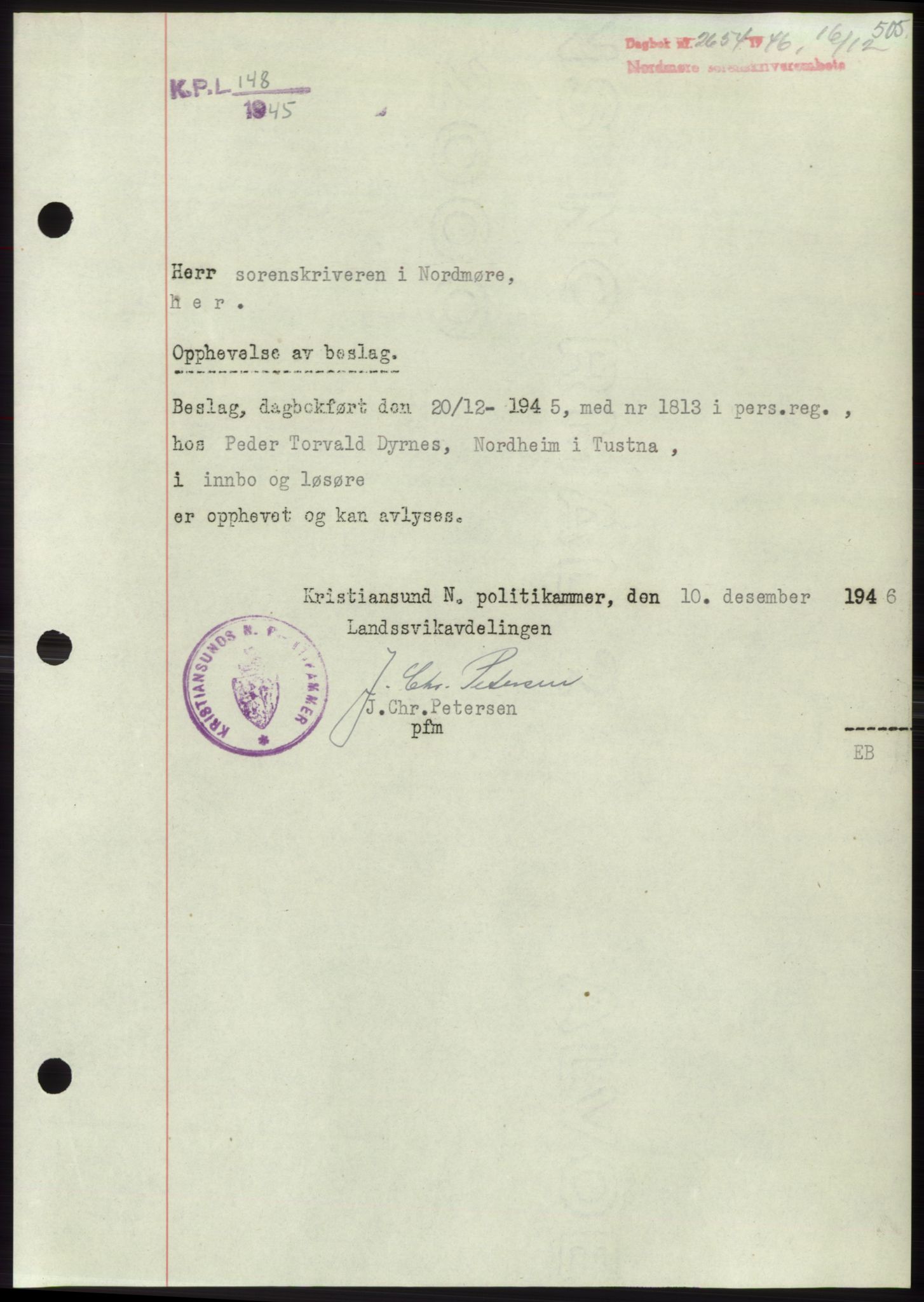 Nordmøre sorenskriveri, SAT/A-4132/1/2/2Ca: Pantebok nr. B95, 1946-1947, Dagboknr: 2654/1946
