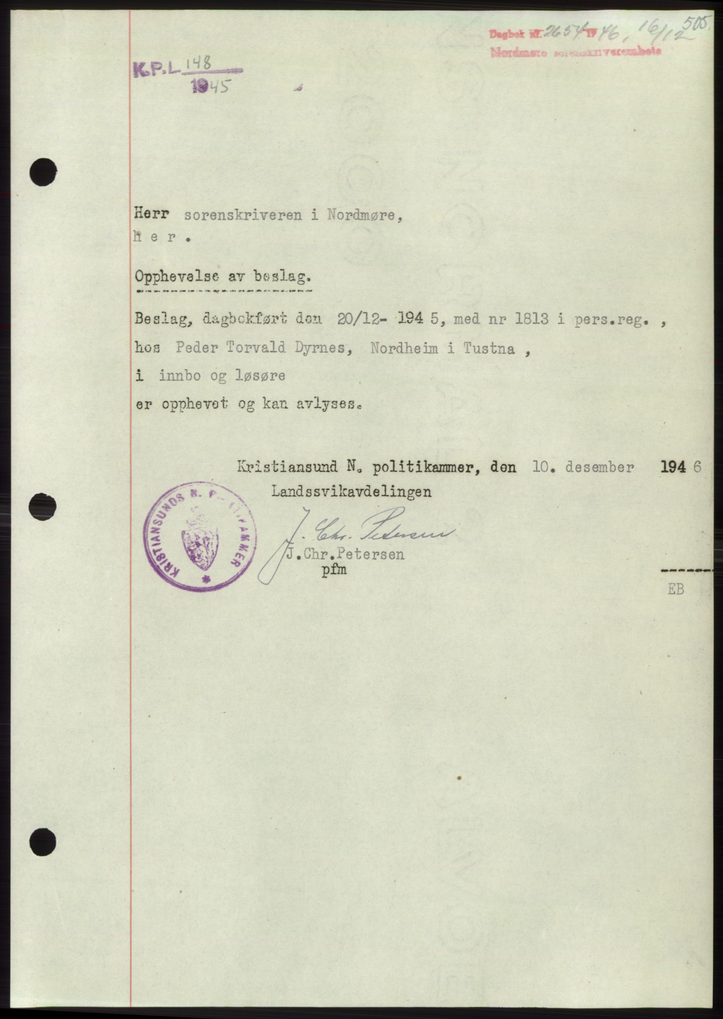 Nordmøre sorenskriveri, AV/SAT-A-4132/1/2/2Ca: Pantebok nr. B95, 1946-1947, Dagboknr: 2654/1946