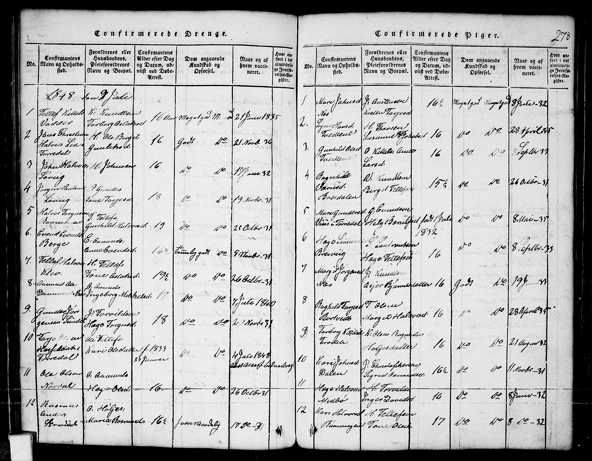 Nissedal kirkebøker, SAKO/A-288/G/Ga/L0001: Klokkerbok nr. I 1, 1814-1860, s. 278