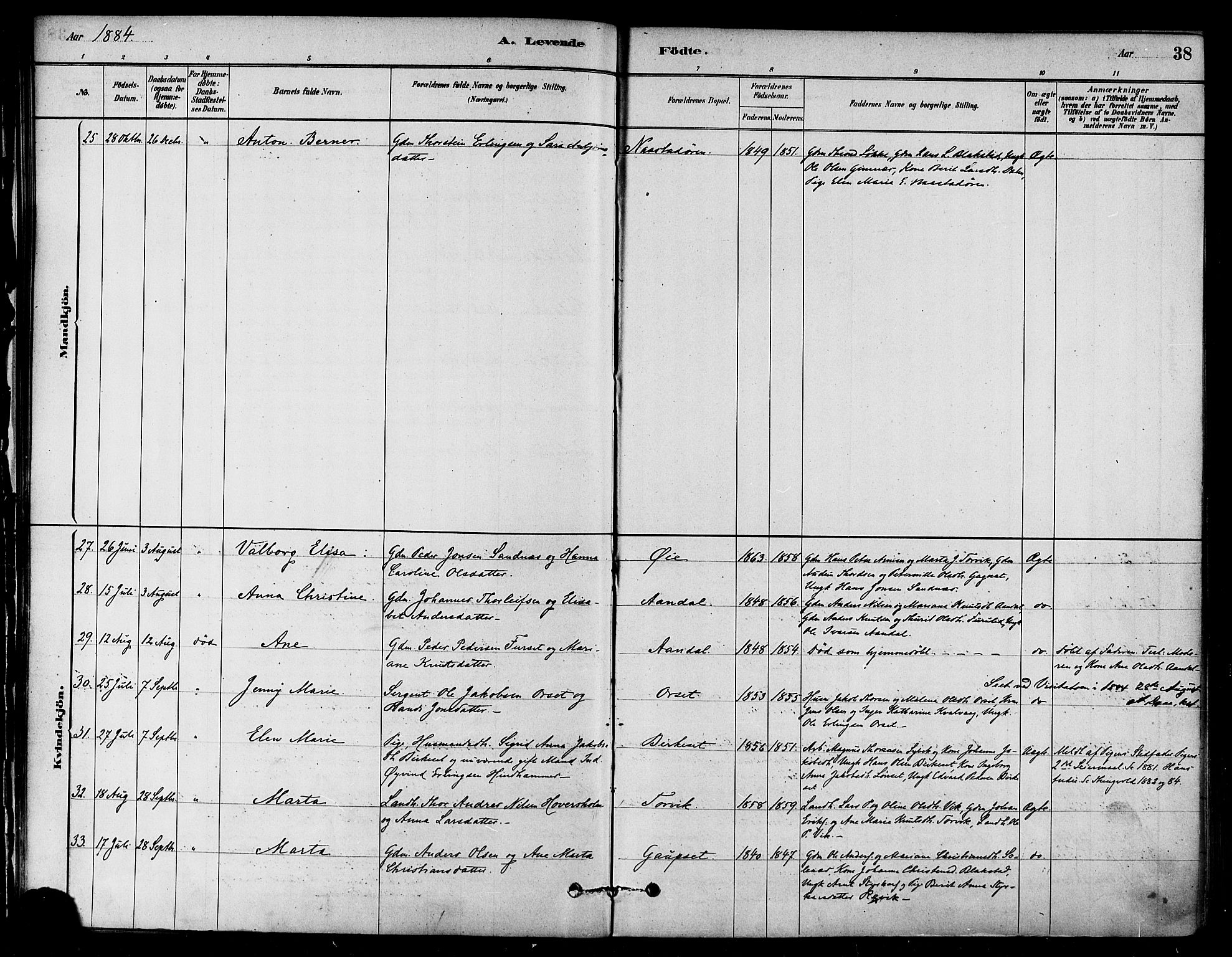 Ministerialprotokoller, klokkerbøker og fødselsregistre - Møre og Romsdal, SAT/A-1454/584/L0967: Ministerialbok nr. 584A07, 1879-1894, s. 38