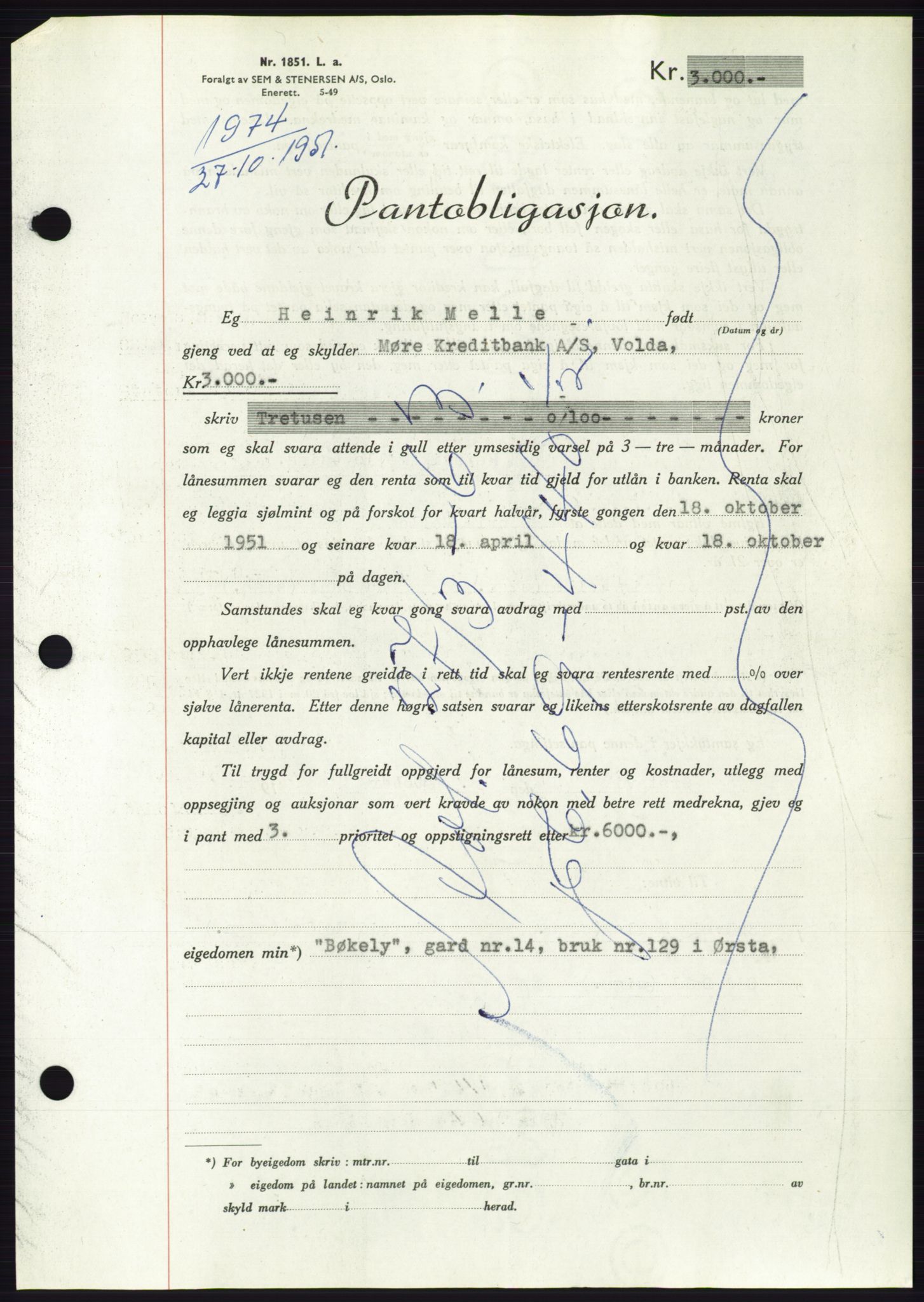 Søre Sunnmøre sorenskriveri, AV/SAT-A-4122/1/2/2C/L0120: Pantebok nr. 8B, 1951-1951, Dagboknr: 1974/1951