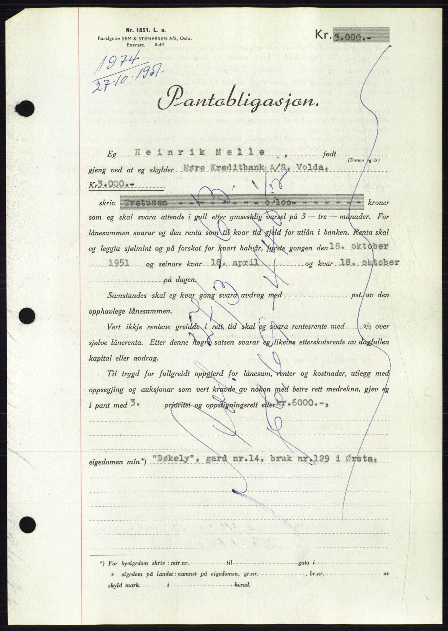 Søre Sunnmøre sorenskriveri, SAT/A-4122/1/2/2C/L0120: Pantebok nr. 8B, 1951-1951, Dagboknr: 1974/1951