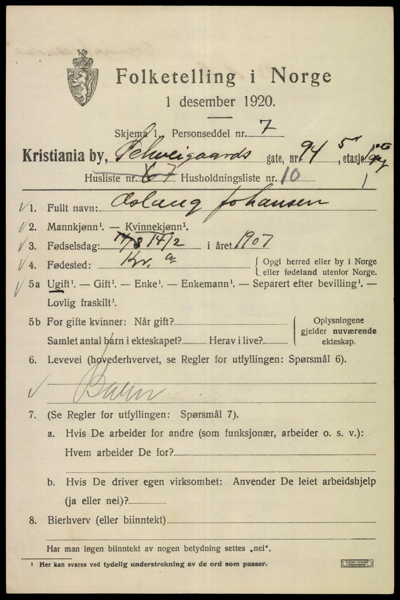SAO, Folketelling 1920 for 0301 Kristiania kjøpstad, 1920, s. 499403