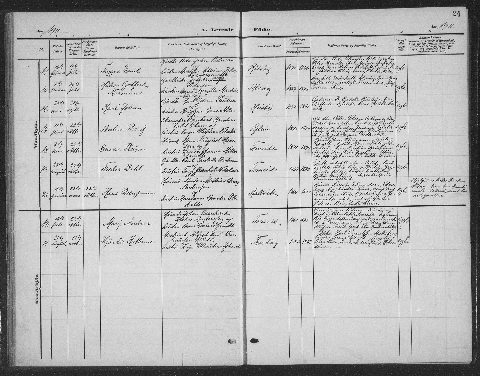 Ministerialprotokoller, klokkerbøker og fødselsregistre - Nordland, AV/SAT-A-1459/835/L0533: Klokkerbok nr. 835C05, 1906-1939, s. 24