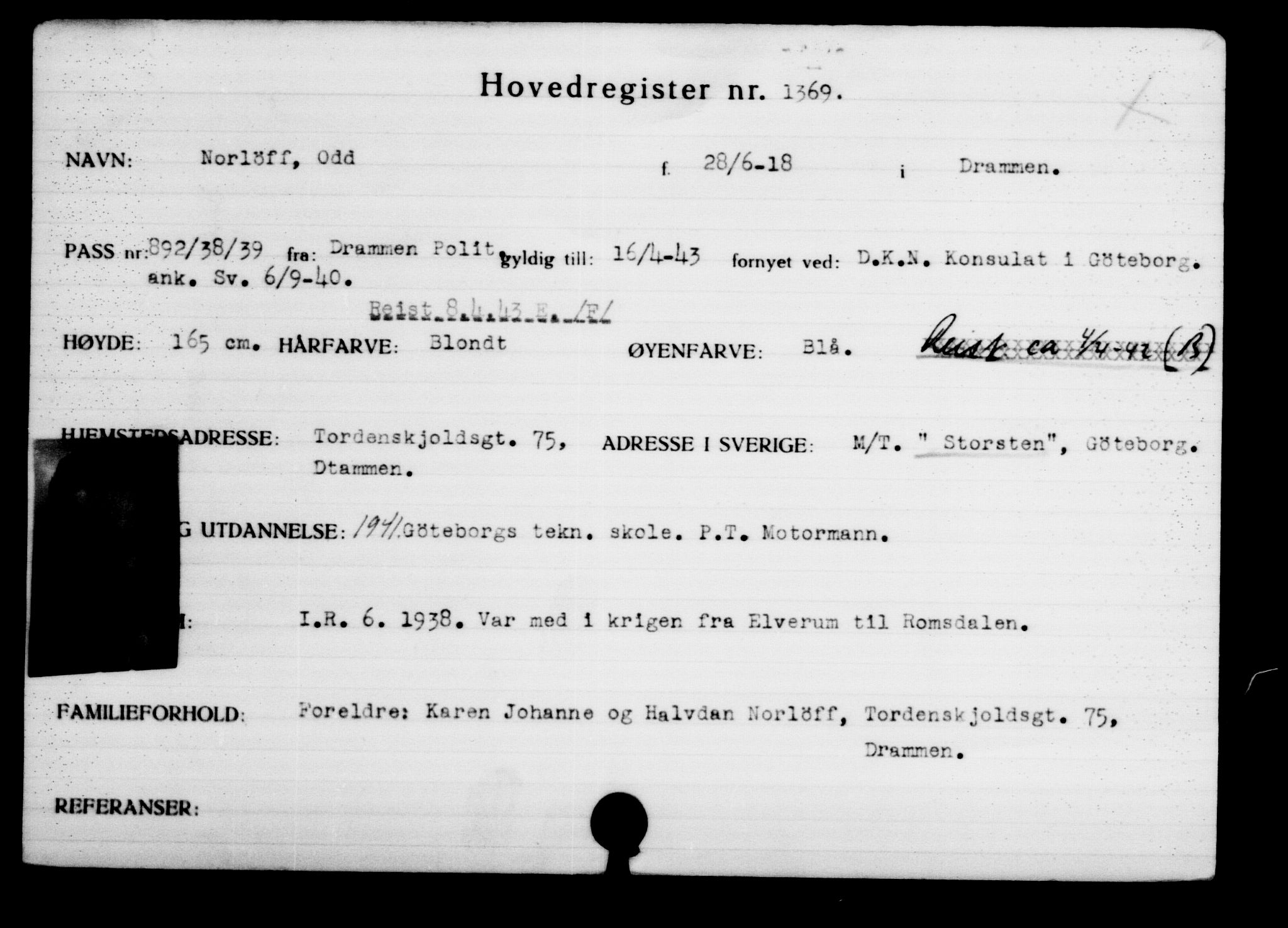 Utenriksstasjonene, Legasjonen i Stockholm, Flyktningkontoret, AV/RA-S-6753/V/Va/L0002: Kjesäterkartoteket, flyktninger med registreringsnr. 1001-2000, 1940-1945, s. 532