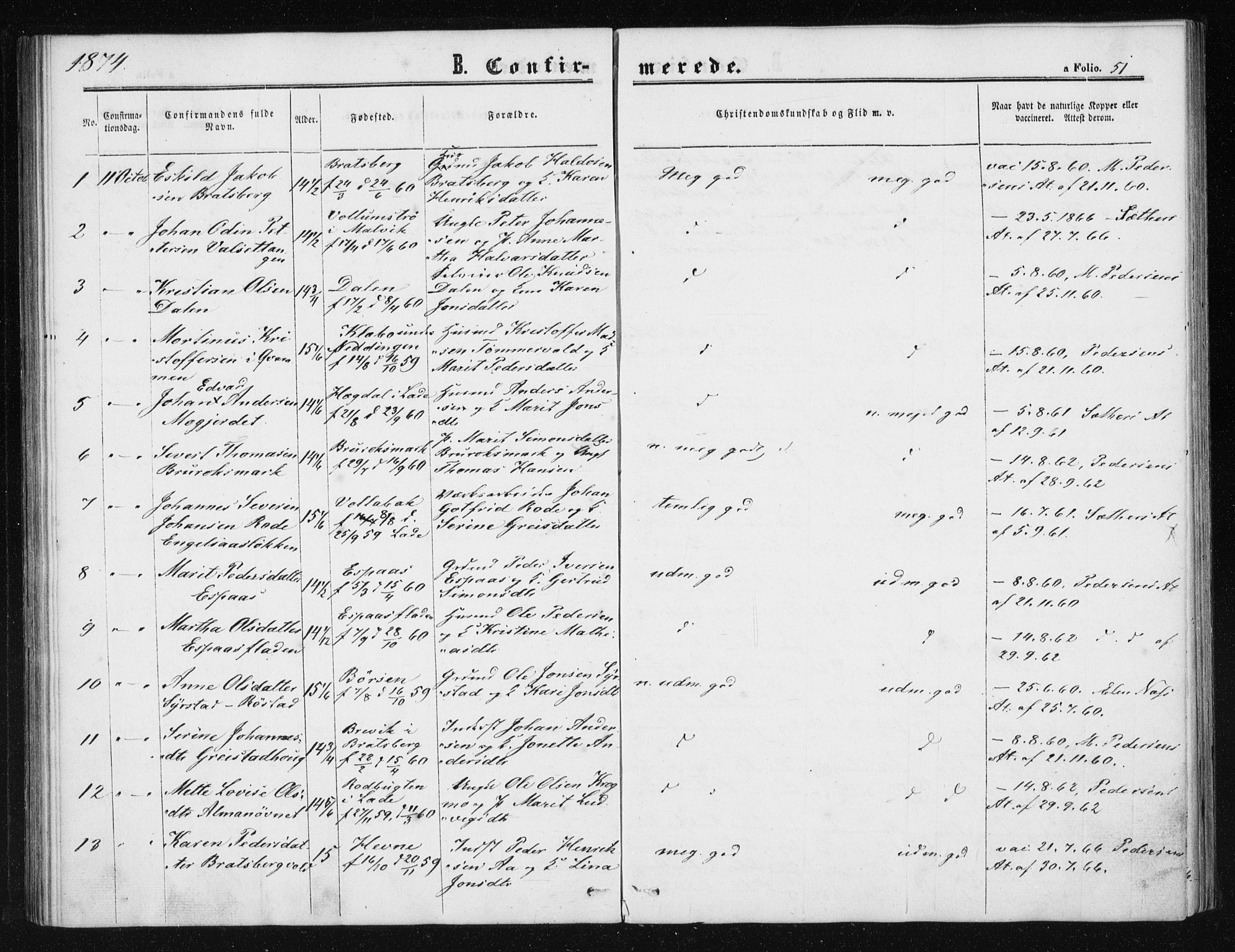 Ministerialprotokoller, klokkerbøker og fødselsregistre - Sør-Trøndelag, SAT/A-1456/608/L0333: Ministerialbok nr. 608A02, 1862-1876, s. 51