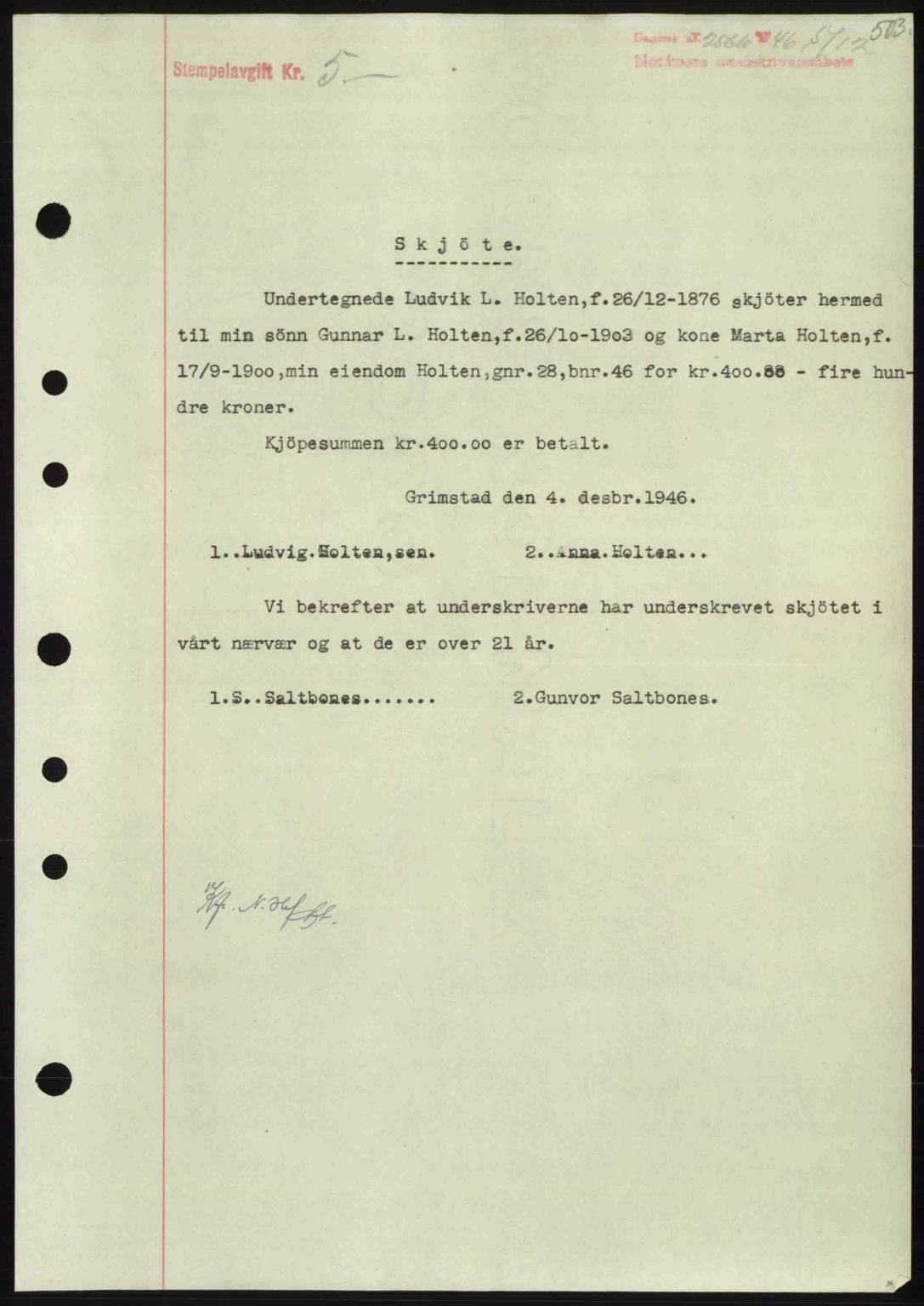 Nordmøre sorenskriveri, SAT/A-4132/1/2/2Ca: Pantebok nr. A103, 1946-1947, Dagboknr: 2566/1946