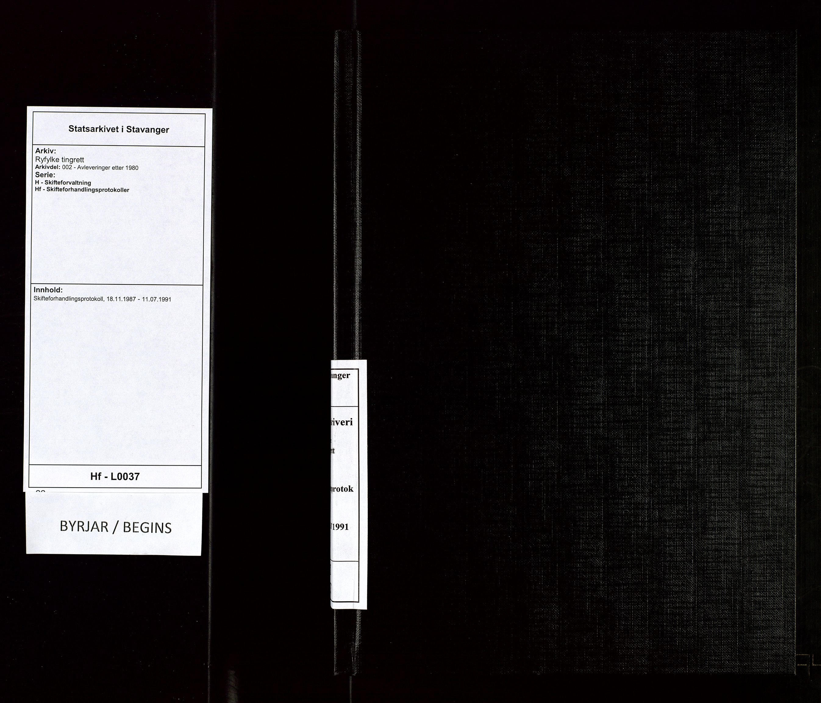 Ryfylke tingrett, AV/SAST-A-100055/002/H/Hf/L0037: Skifteforhandlingsprotokoll, 1987-1991