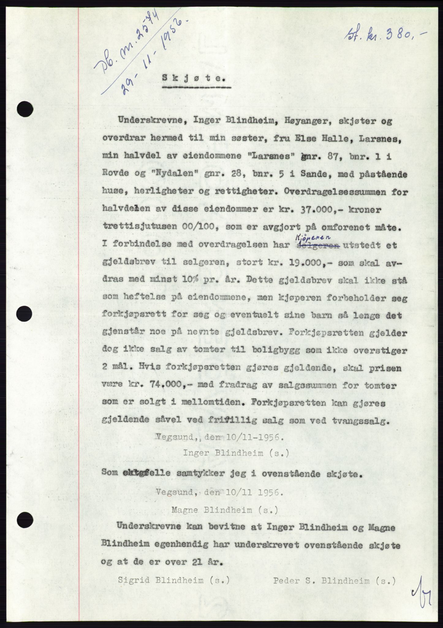 Søre Sunnmøre sorenskriveri, AV/SAT-A-4122/1/2/2C/L0105: Pantebok nr. 31A, 1956-1957, Dagboknr: 2574/1956