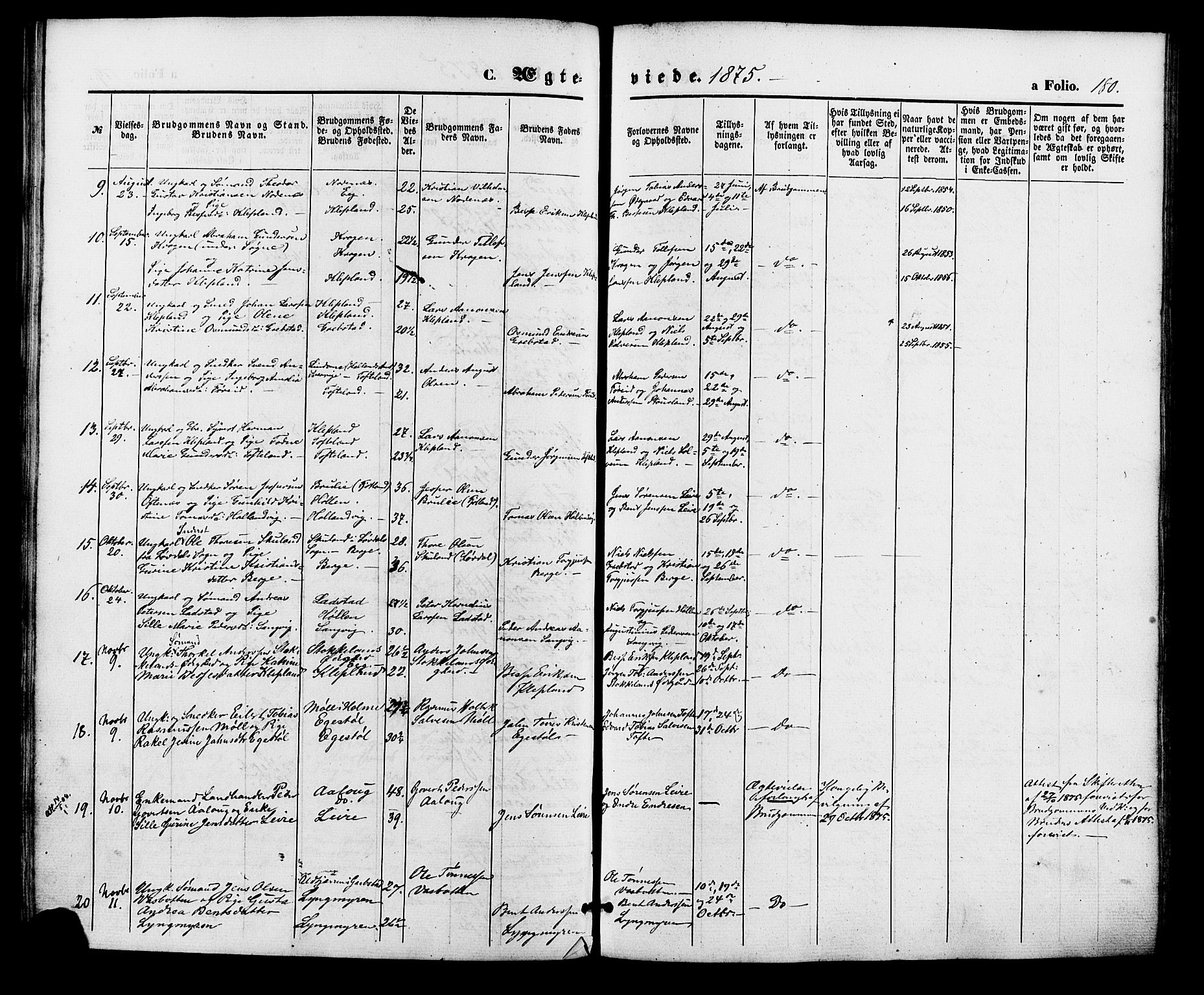 Søgne sokneprestkontor, SAK/1111-0037/F/Fa/Fab/L0011: Ministerialbok nr. A 11, 1869-1879, s. 180
