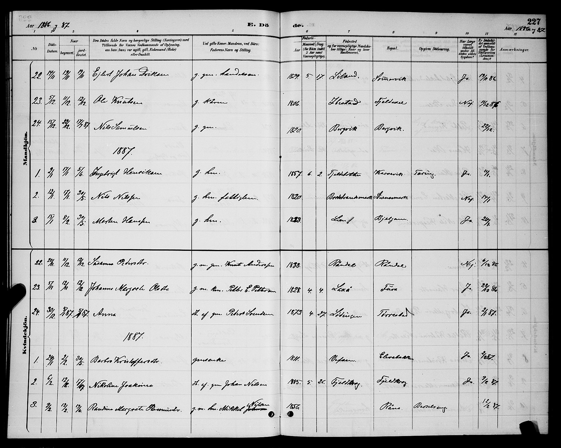 Ministerialprotokoller, klokkerbøker og fødselsregistre - Nordland, AV/SAT-A-1459/863/L0914: Klokkerbok nr. 863C04, 1886-1897, s. 227