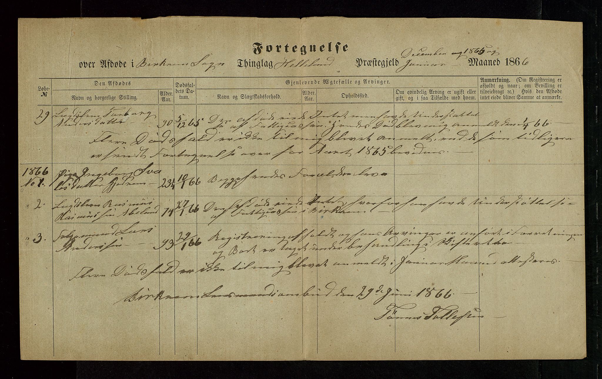Jæren og Dalane sorenskriveri, AV/SAST-A-100306/5/52AB/L0004: DØDSFALL-LISTER DALANE, 1865-1868, s. 11