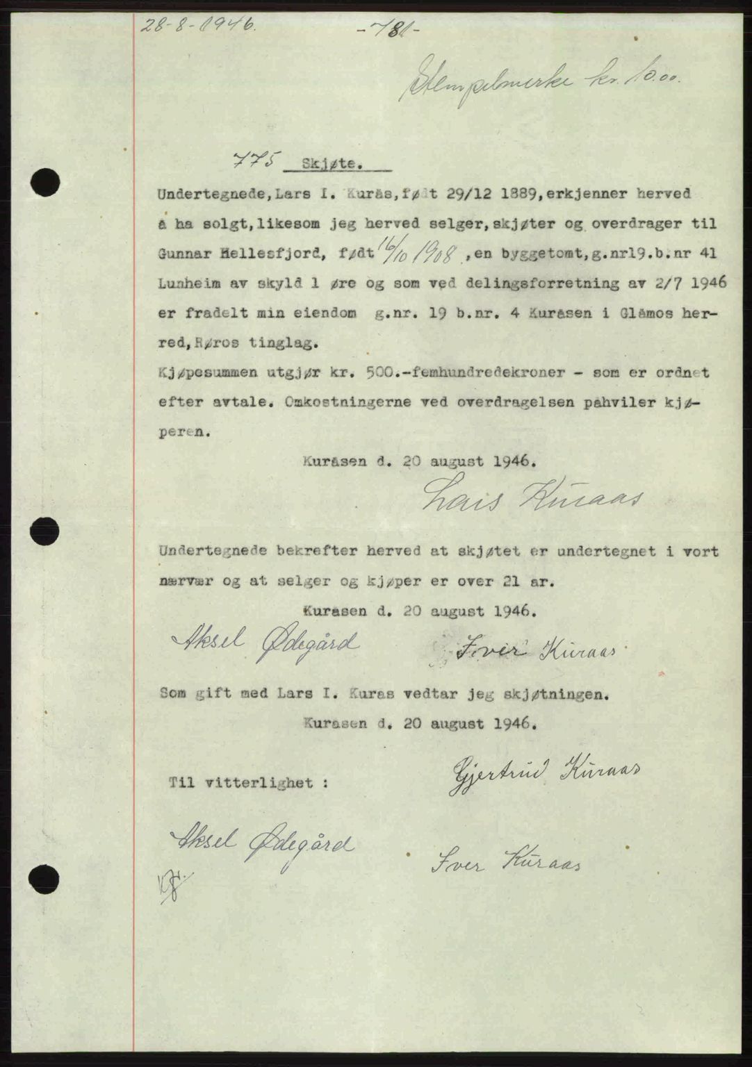 Gauldal sorenskriveri, SAT/A-0014/1/2/2C: Pantebok nr. A2, 1946-1946, Dagboknr: 775/1946
