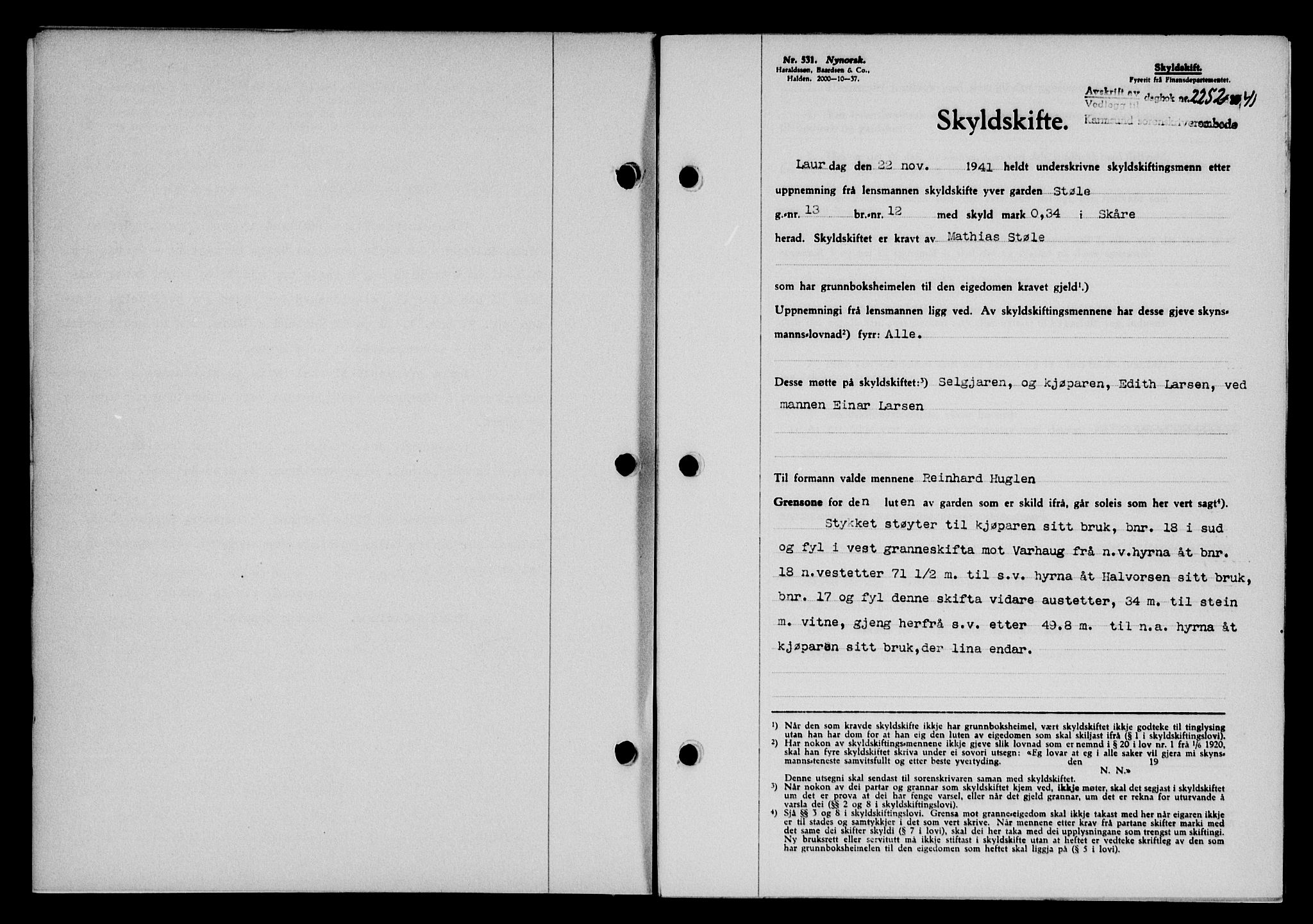 Karmsund sorenskriveri, SAST/A-100311/01/II/IIB/L0076: Pantebok nr. 57A, 1941-1941, Dagboknr: 2252/1941
