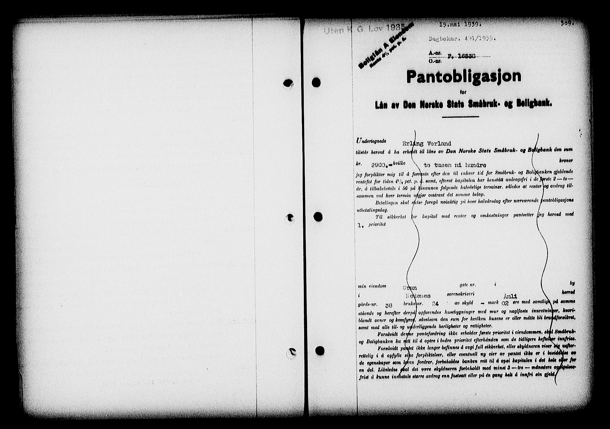 Nedenes sorenskriveri, SAK/1221-0006/G/Gb/Gba/L0046: Pantebok nr. 42, 1938-1939, Dagboknr: 491/1939