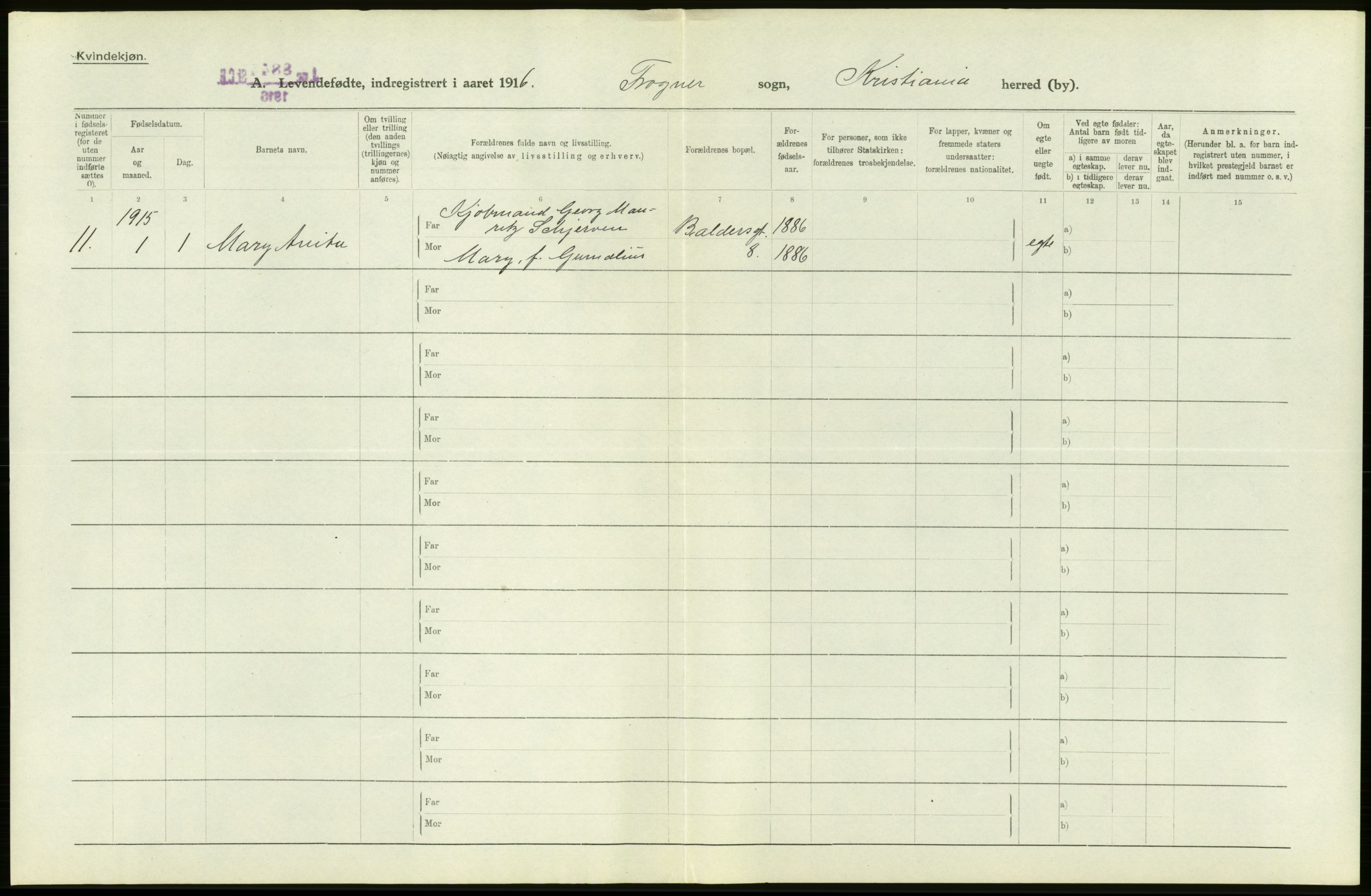 Statistisk sentralbyrå, Sosiodemografiske emner, Befolkning, AV/RA-S-2228/D/Df/Dfb/Dfbe/L0007: Kristiania: Levendefødte menn og kvinner., 1915, s. 598