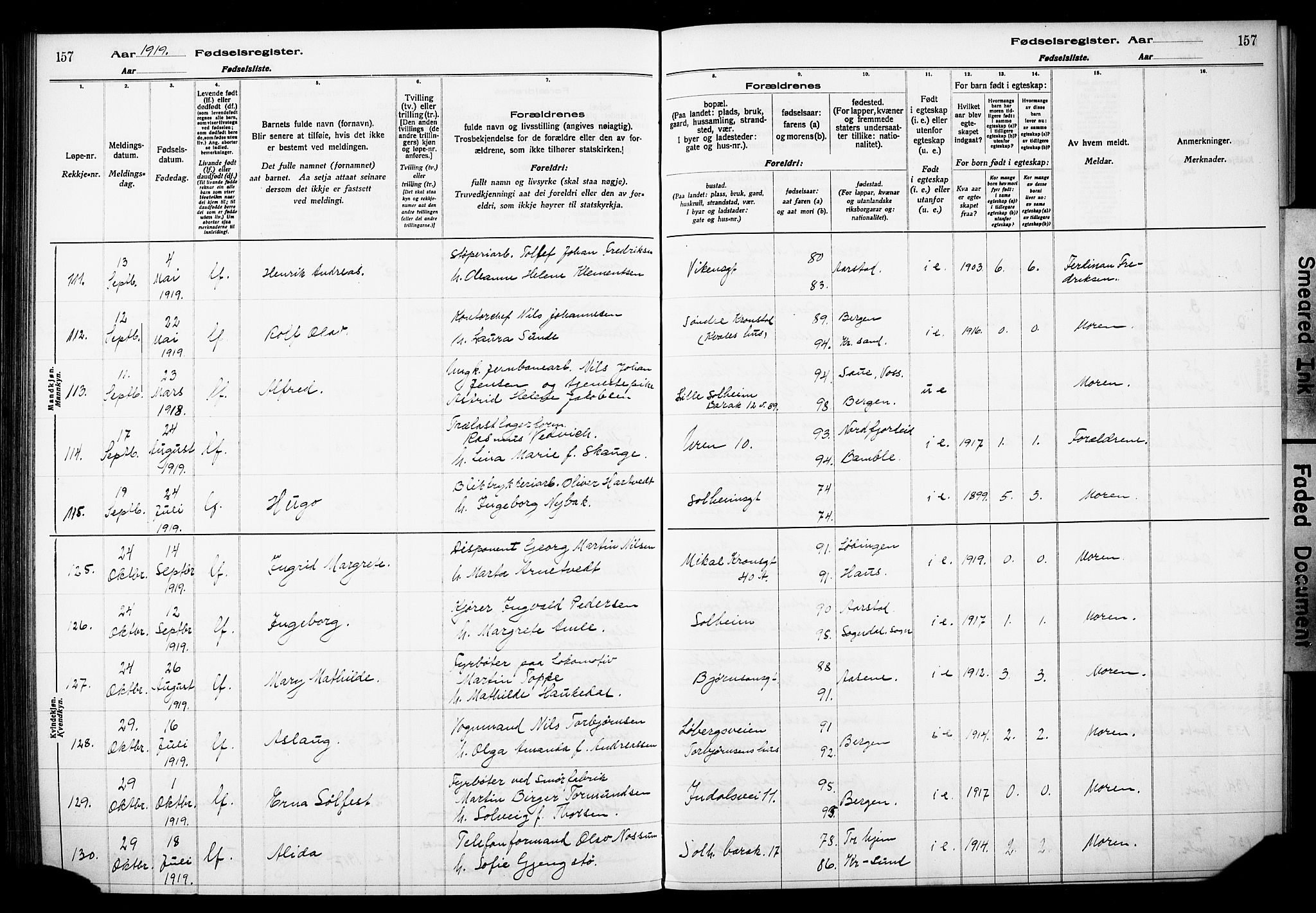 Årstad Sokneprestembete, AV/SAB-A-79301/I/Id/L0A01: Fødselsregister nr. A 1, 1916-1920, s. 157