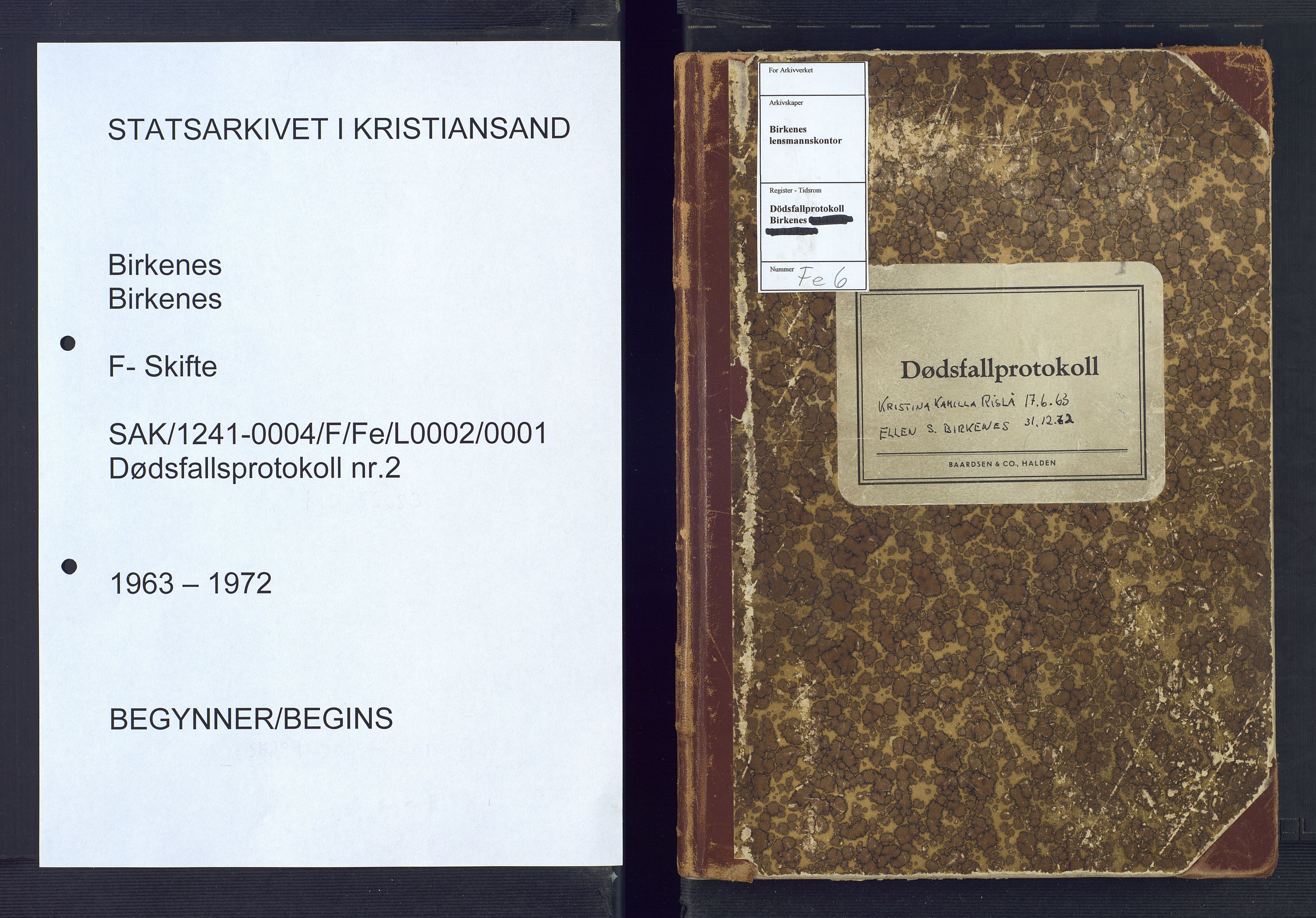 Birkenes lensmannskontor, AV/SAK-1241-0004/F/Fe/L0002/0001: Dødsfall / Dødsfallsprotokoll, 1963-1972