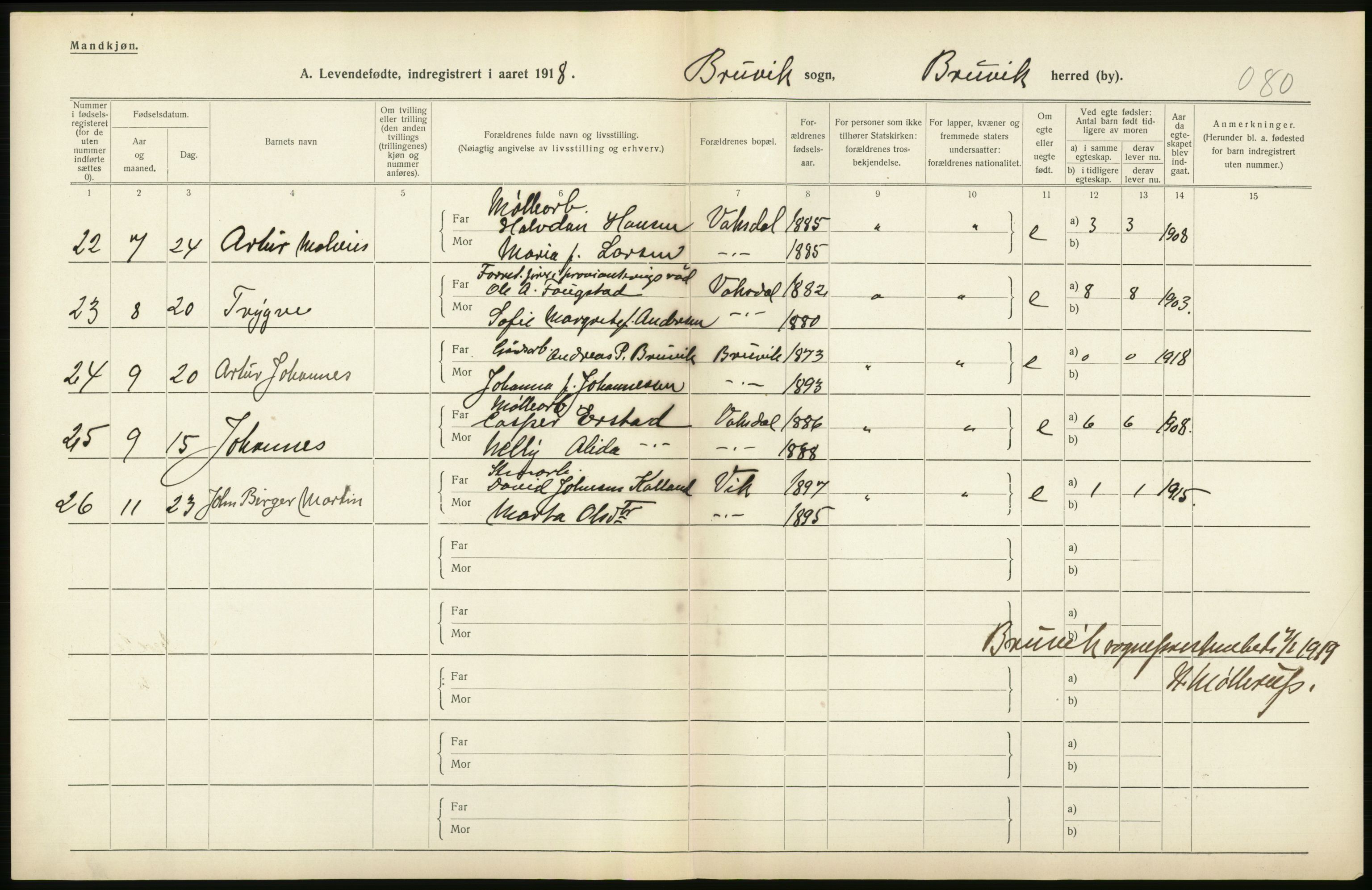 Statistisk sentralbyrå, Sosiodemografiske emner, Befolkning, RA/S-2228/D/Df/Dfb/Dfbh/L0034: Hordaland fylke: Levendefødte menn og kvinner. Bygder., 1918, s. 158