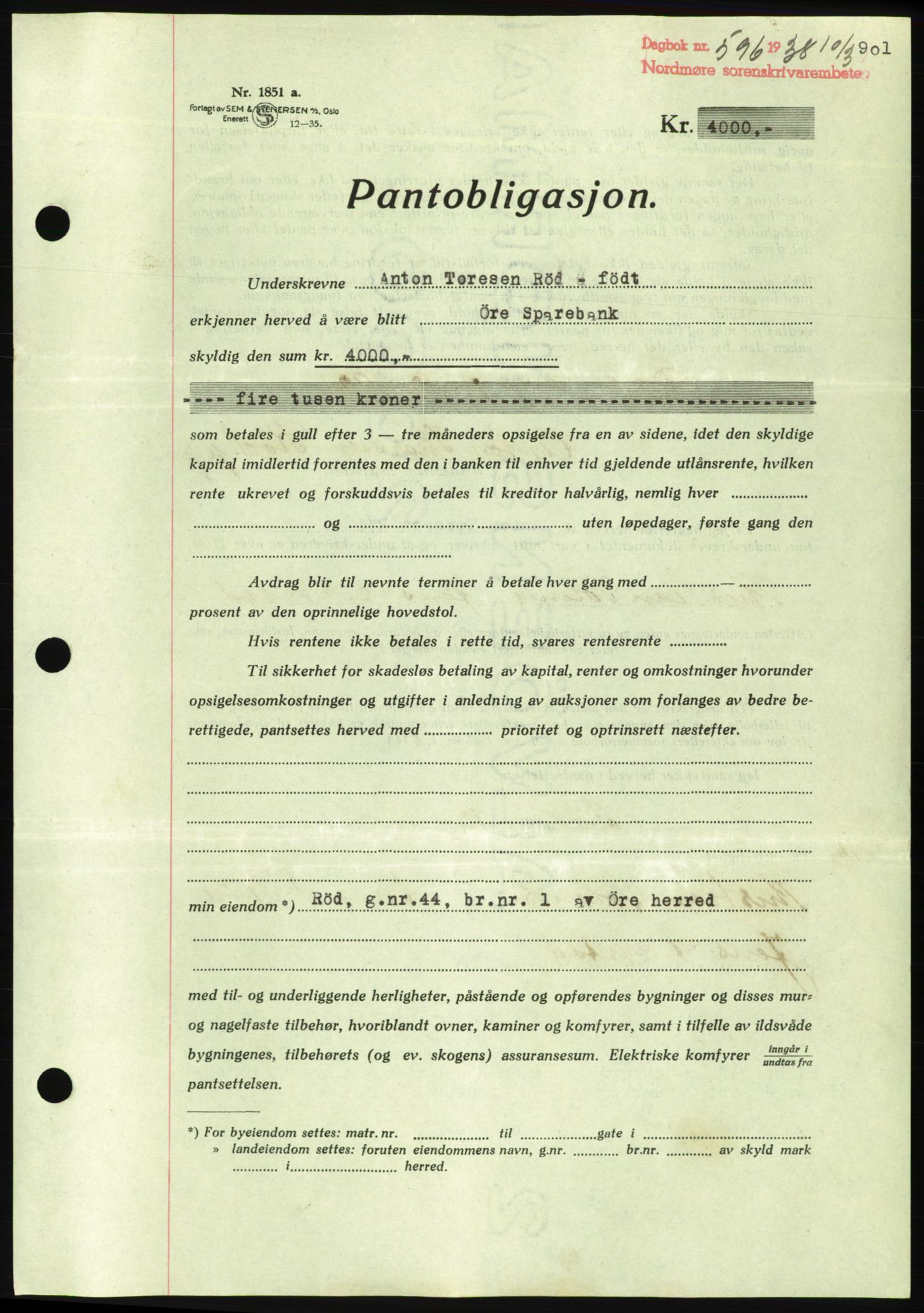 Nordmøre sorenskriveri, AV/SAT-A-4132/1/2/2Ca/L0092: Pantebok nr. B82, 1937-1938, Dagboknr: 596/1938