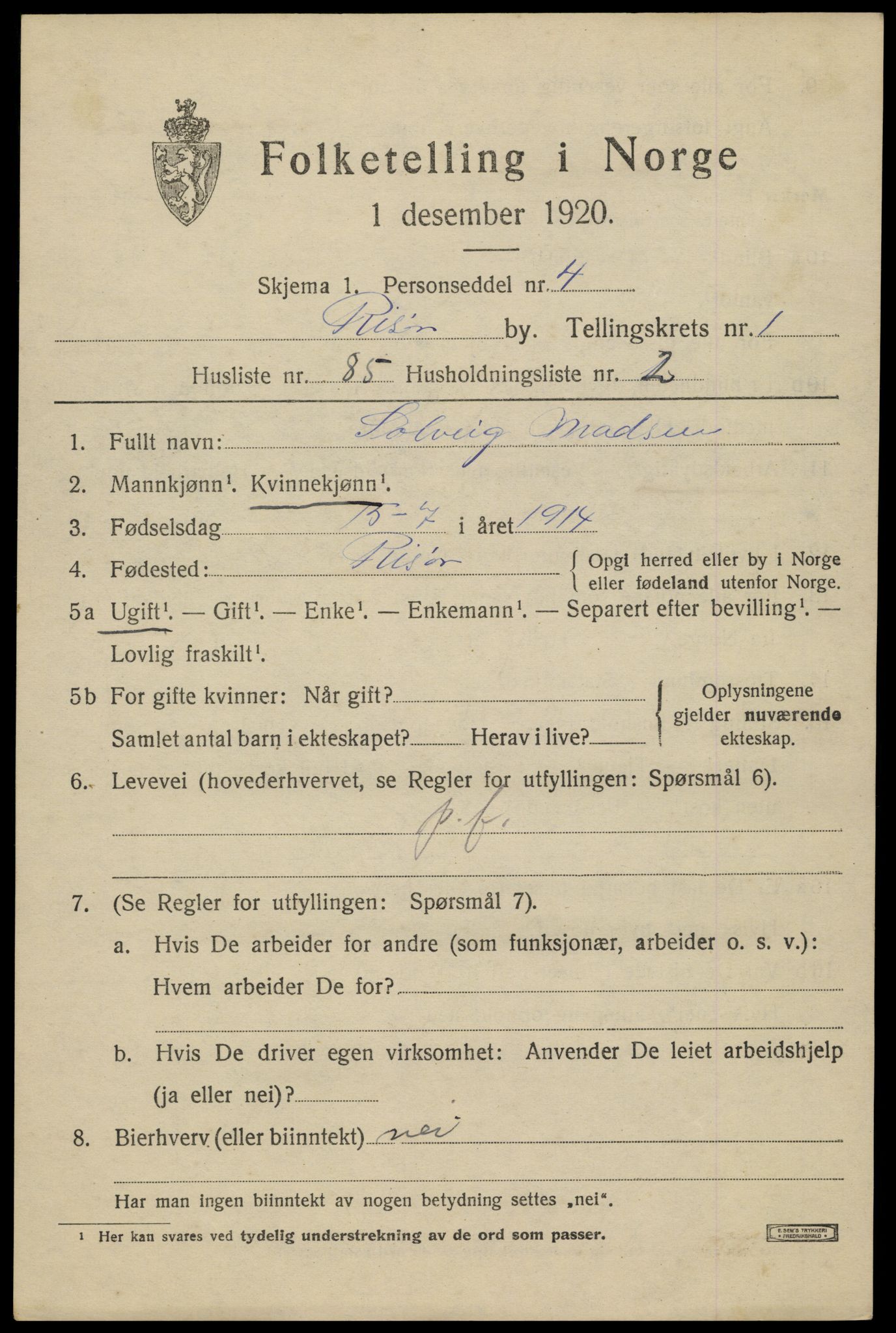 SAK, Folketelling 1920 for 0901 Risør kjøpstad, 1920, s. 3845