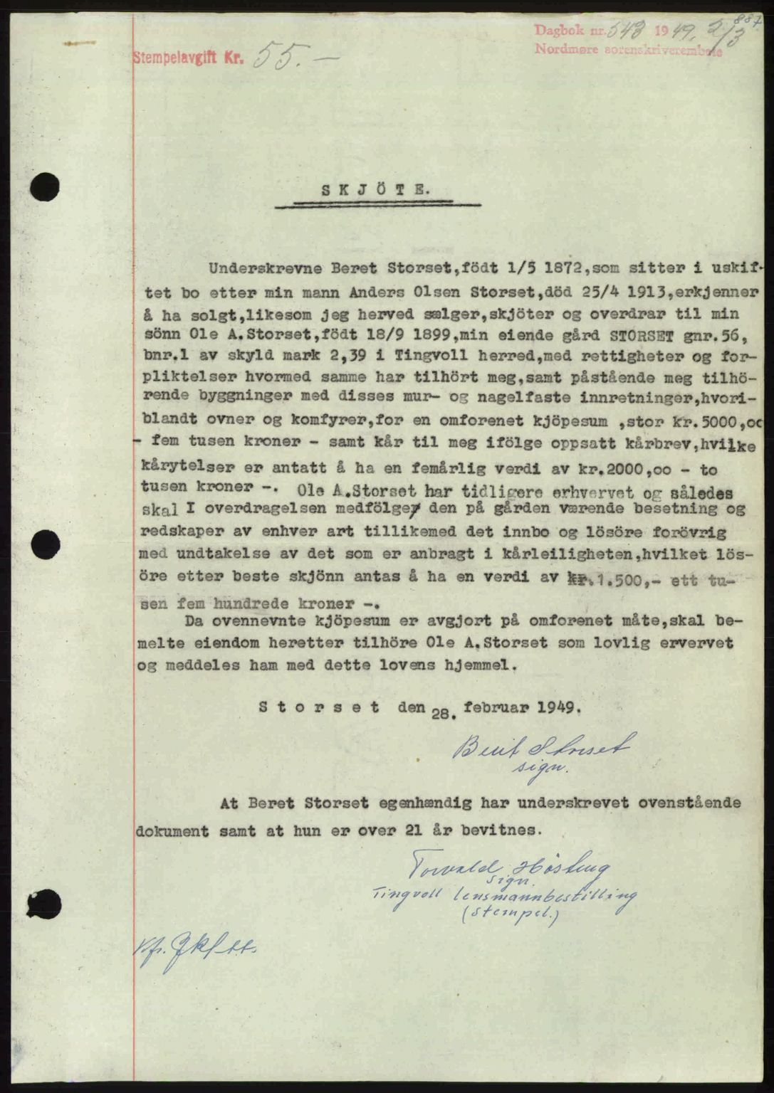 Nordmøre sorenskriveri, SAT/A-4132/1/2/2Ca: Pantebok nr. A110, 1948-1949, Dagboknr: 543/1949