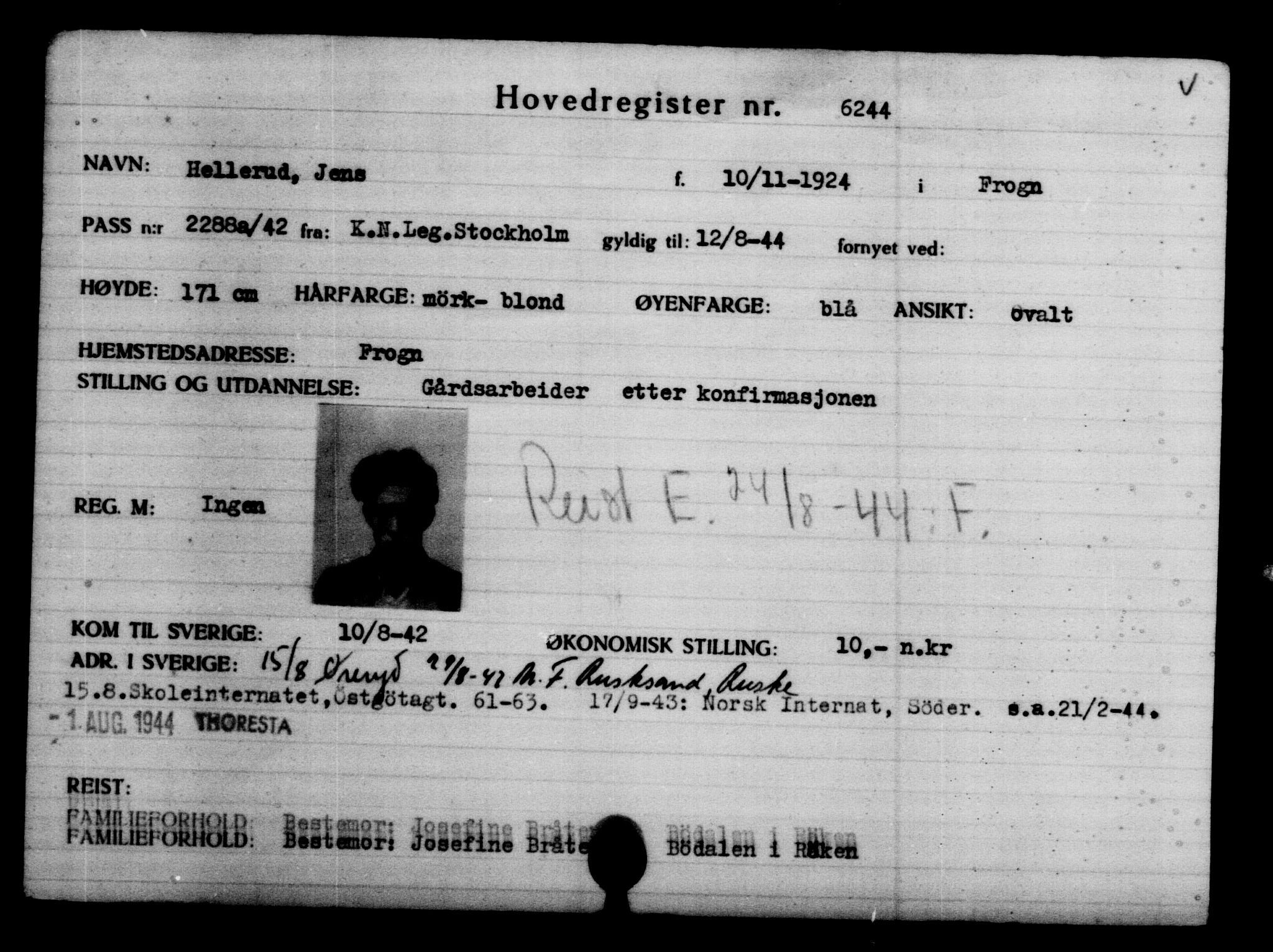 Utenriksstasjonene, Legasjonen i Stockholm, Flyktningkontoret, AV/RA-S-6753/V/Va/L0004: Kjesäterkartoteket, flyktninger med registreringsnr. 3496-6610, 1940-1945, s. 3232