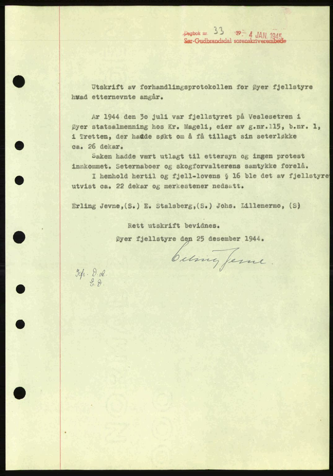 Sør-Gudbrandsdal tingrett, SAH/TING-004/H/Hb/Hbd/L0014: Pantebok nr. A14, 1944-1945, Dagboknr: 33/1945