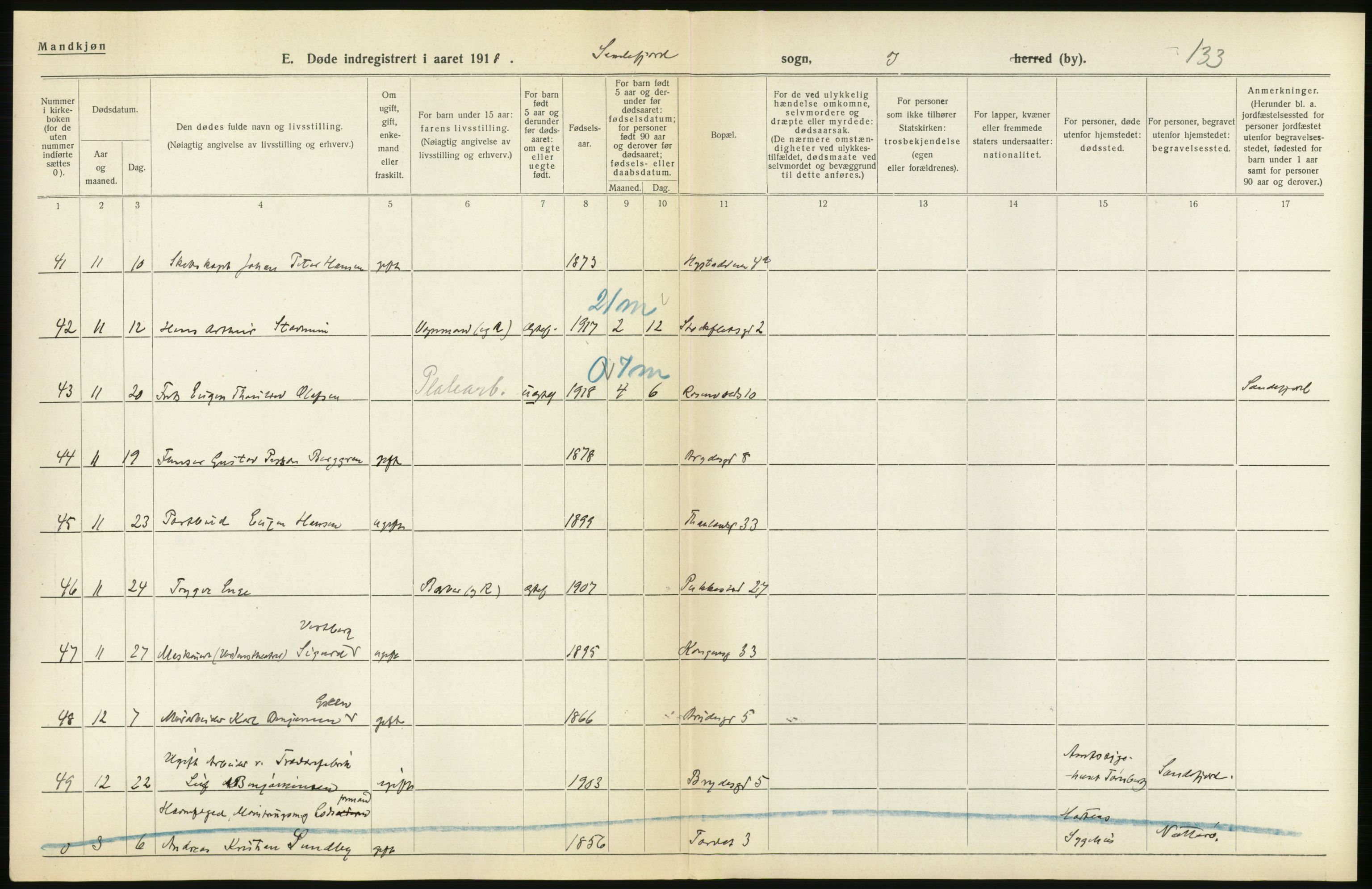 Statistisk sentralbyrå, Sosiodemografiske emner, Befolkning, AV/RA-S-2228/D/Df/Dfb/Dfbh/L0023: Vestfold fylke: Døde. Bygder og byer., 1918, s. 364