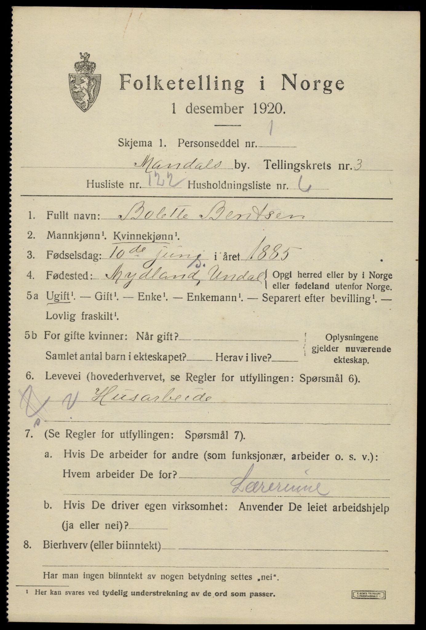 SAK, Folketelling 1920 for 1002 Mandal ladested, 1920, s. 6849