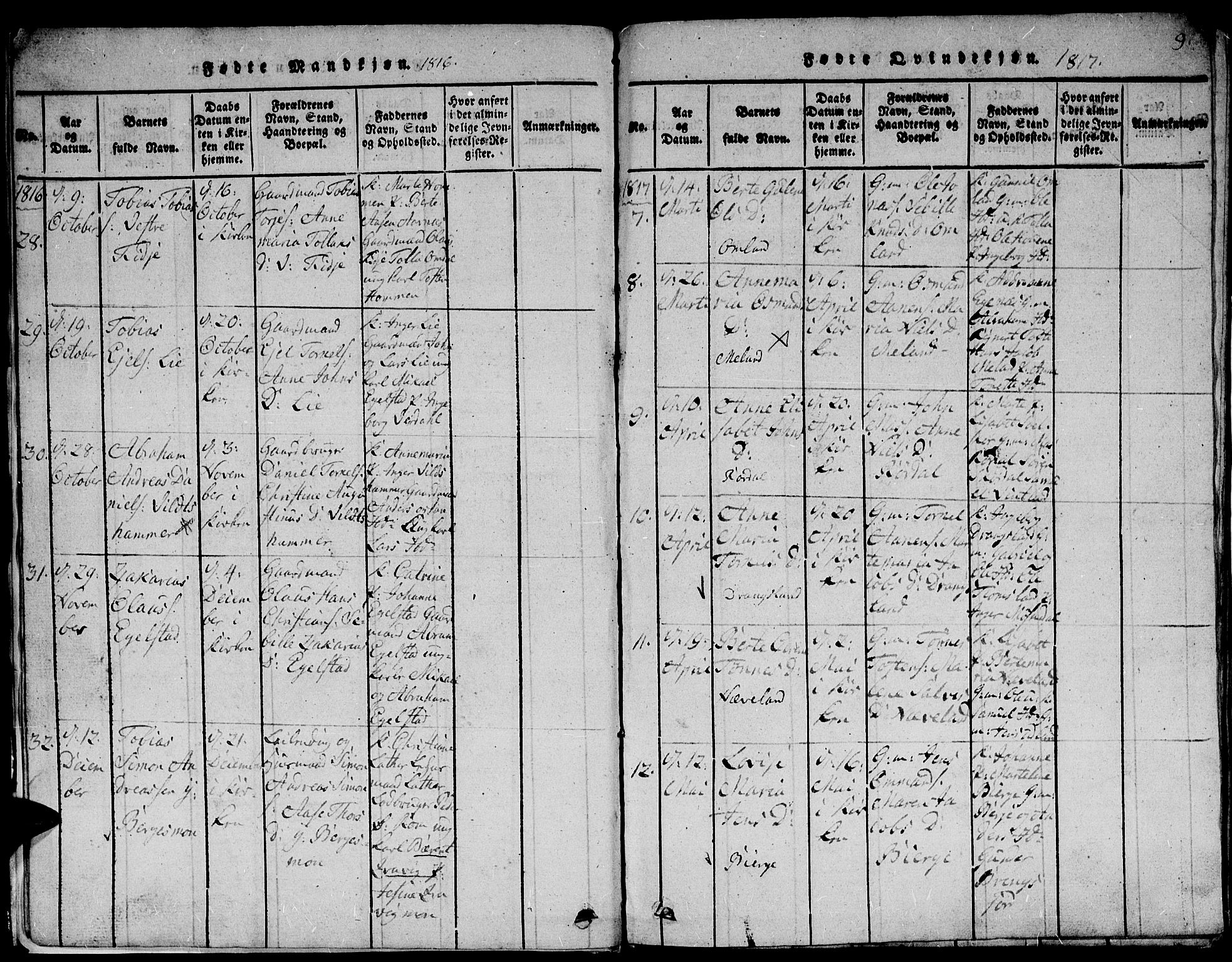 Lyngdal sokneprestkontor, AV/SAK-1111-0029/F/Fb/Fbc/L0001: Klokkerbok nr. B 1, 1815-1844, s. 9