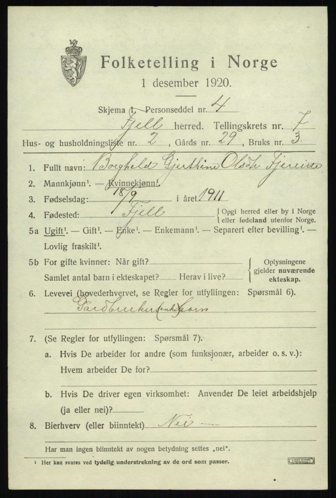 SAB, Folketelling 1920 for 1246 Fjell herred, 1920, s. 6418