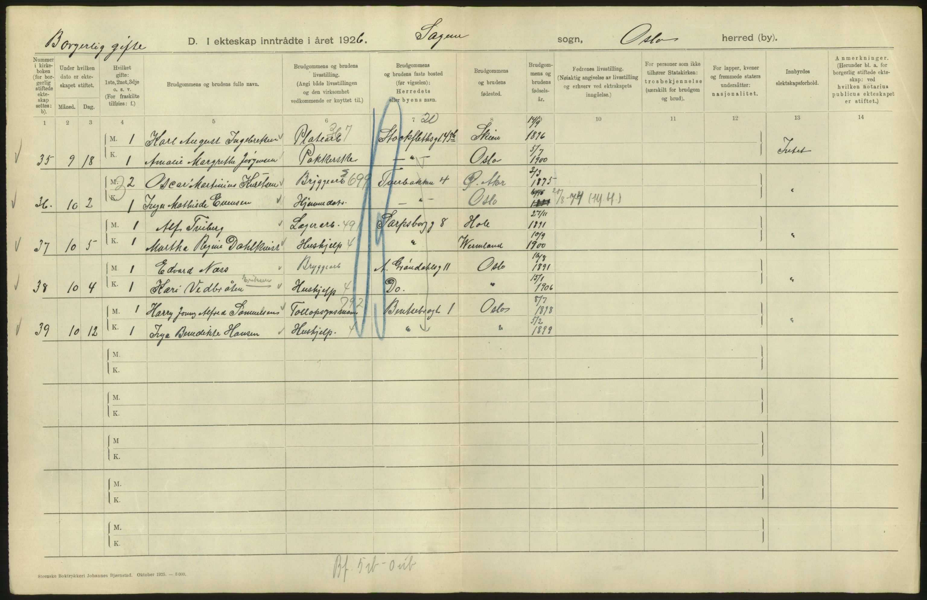 Statistisk sentralbyrå, Sosiodemografiske emner, Befolkning, AV/RA-S-2228/D/Df/Dfc/Dfcf/L0008: Oslo: Gifte, 1926, s. 578