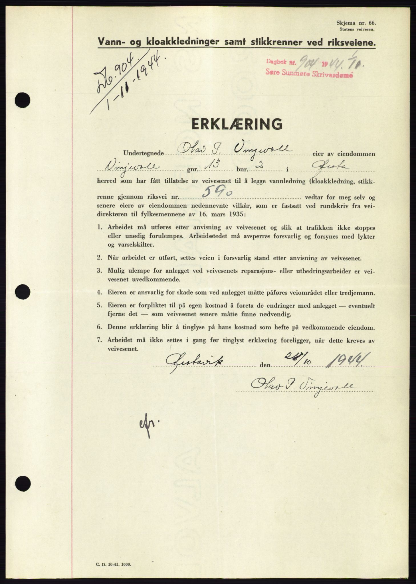 Søre Sunnmøre sorenskriveri, AV/SAT-A-4122/1/2/2C/L0076: Pantebok nr. 2A, 1943-1944, Dagboknr: 904/1944