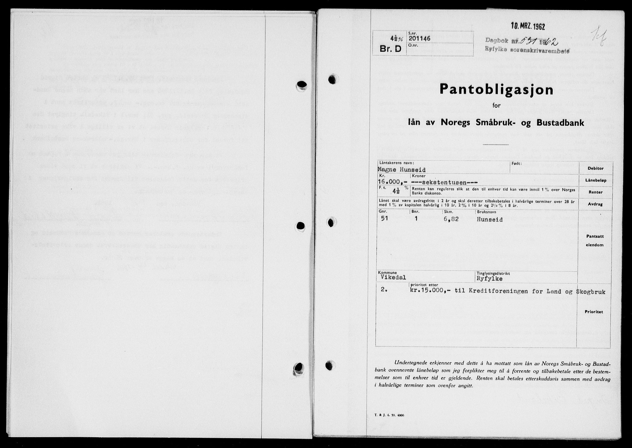 Ryfylke tingrett, SAST/A-100055/001/II/IIB: Pantebok nr. 135-142, 1961-1962, Dagboknr: 531/1962