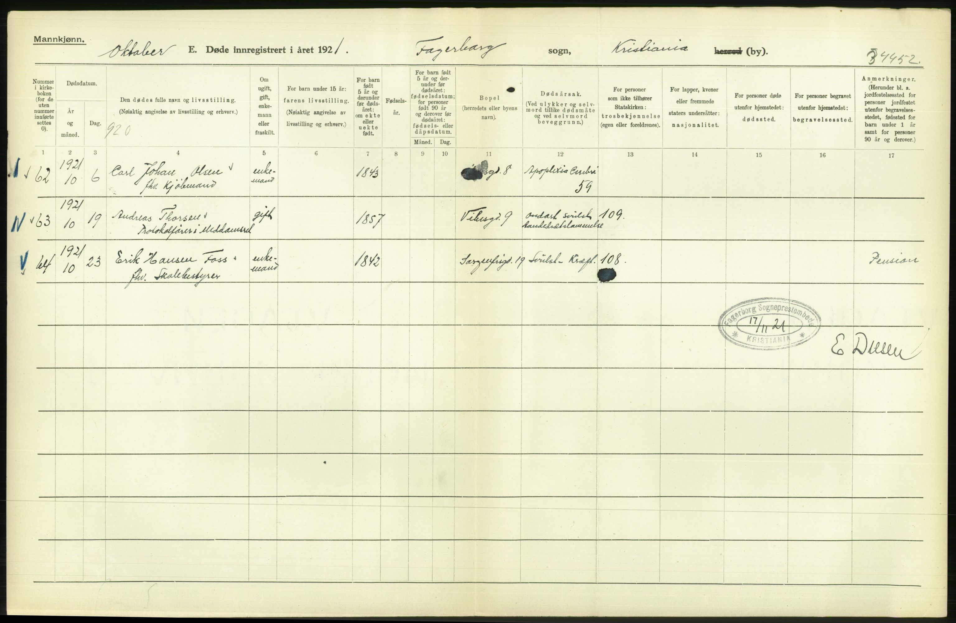 Statistisk sentralbyrå, Sosiodemografiske emner, Befolkning, AV/RA-S-2228/D/Df/Dfc/Dfca/L0012: Kristiania: Døde, 1921, s. 304