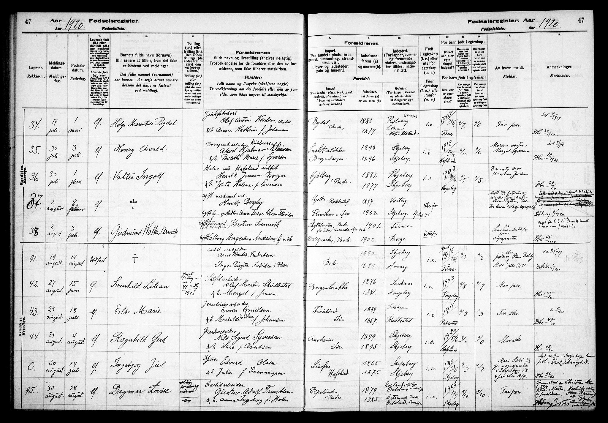 Skjeberg prestekontor Kirkebøker, AV/SAO-A-10923/J/Jd/L0001: Fødselsregister nr. IV 1, 1916-1935, s. 47