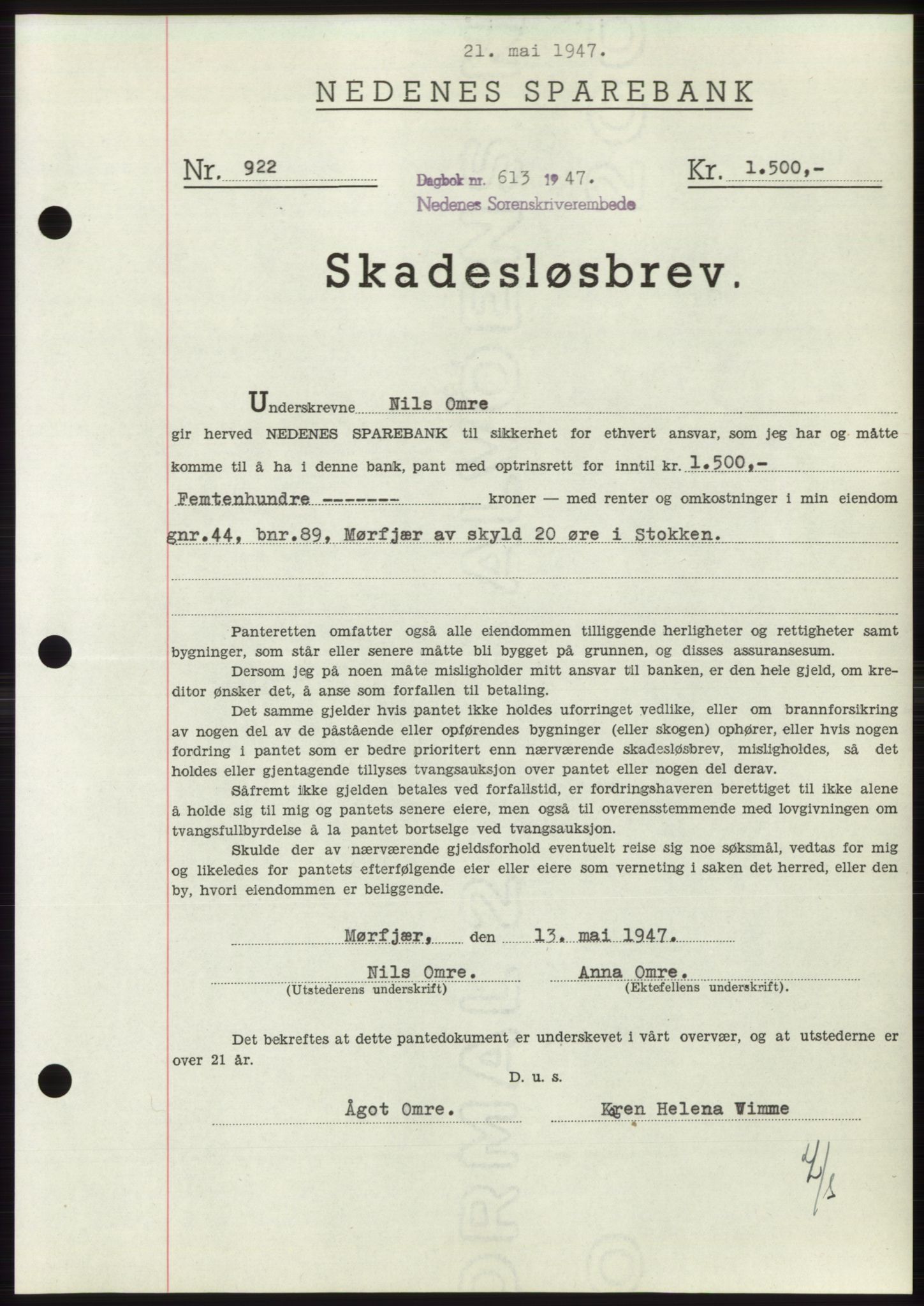 Nedenes sorenskriveri, SAK/1221-0006/G/Gb/Gbb/L0004: Pantebok nr. B4, 1947-1947, Dagboknr: 613/1947