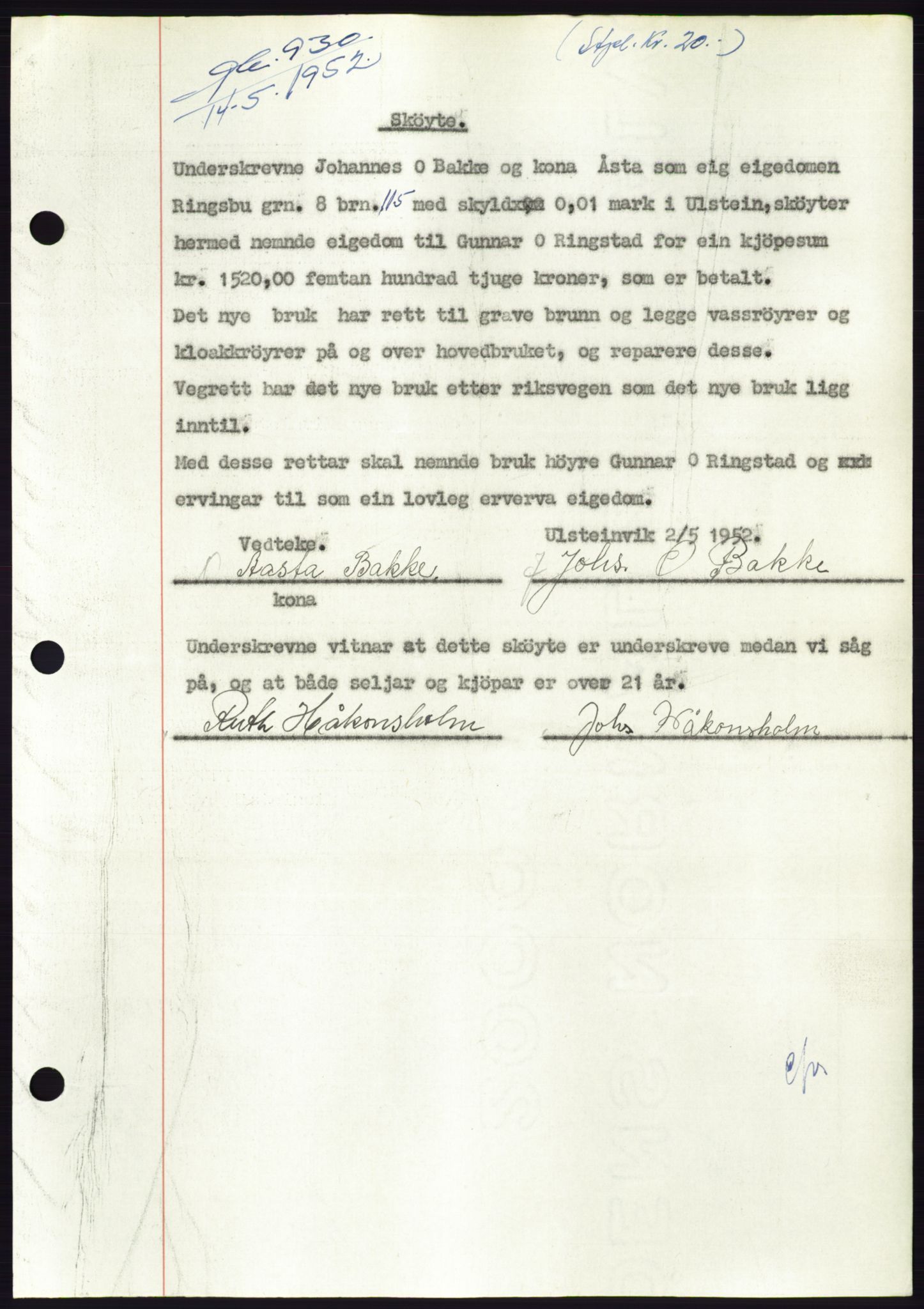 Søre Sunnmøre sorenskriveri, AV/SAT-A-4122/1/2/2C/L0092: Pantebok nr. 18A, 1952-1952, Dagboknr: 930/1952